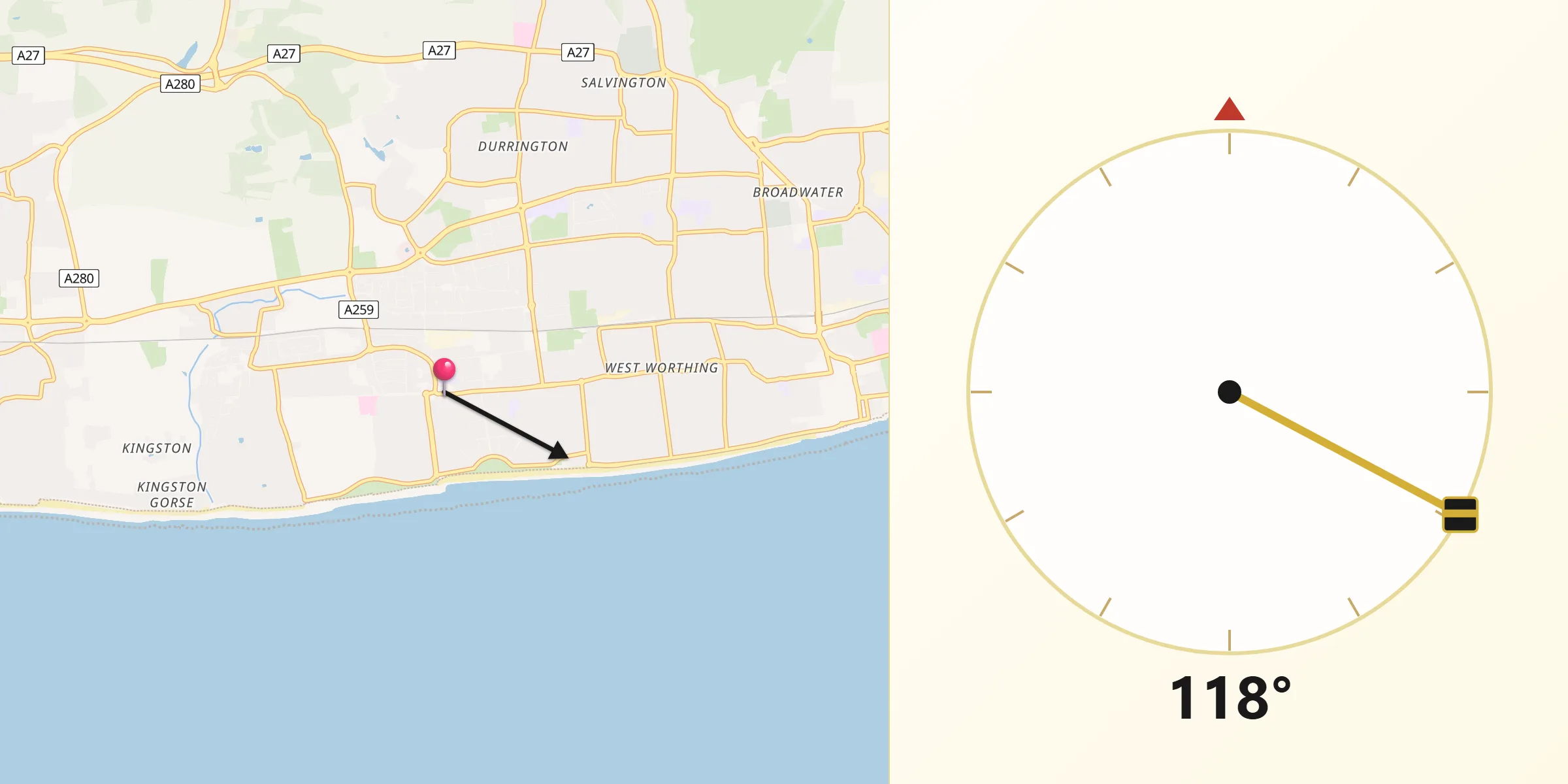 Qibla Direction from Goring-by-Sea