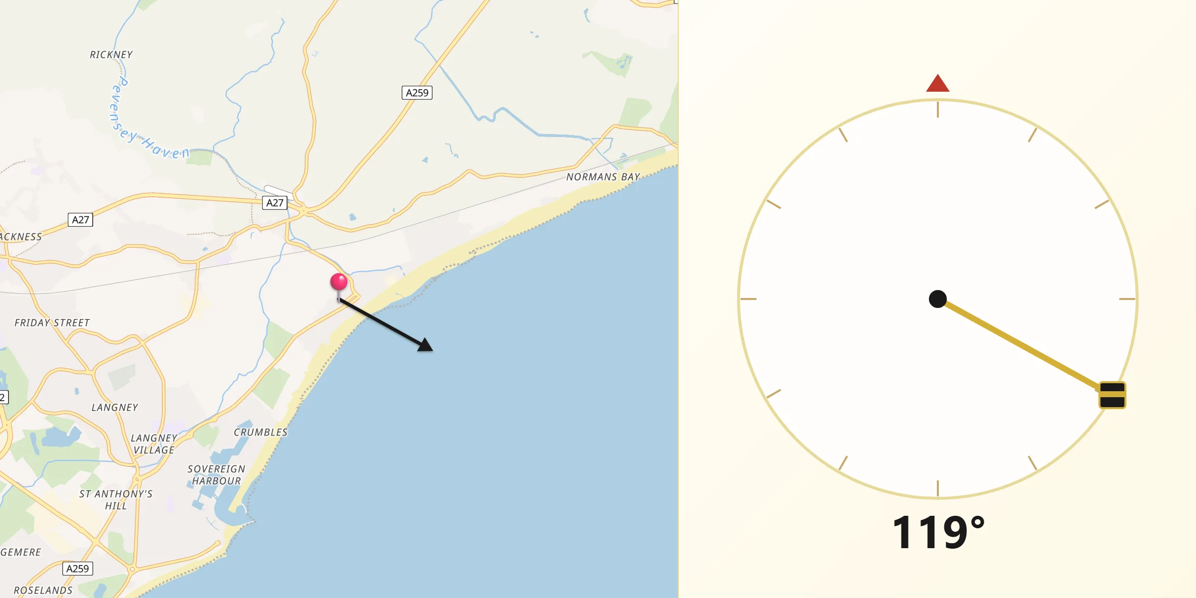 Qibla Direction from Pevensey Bay