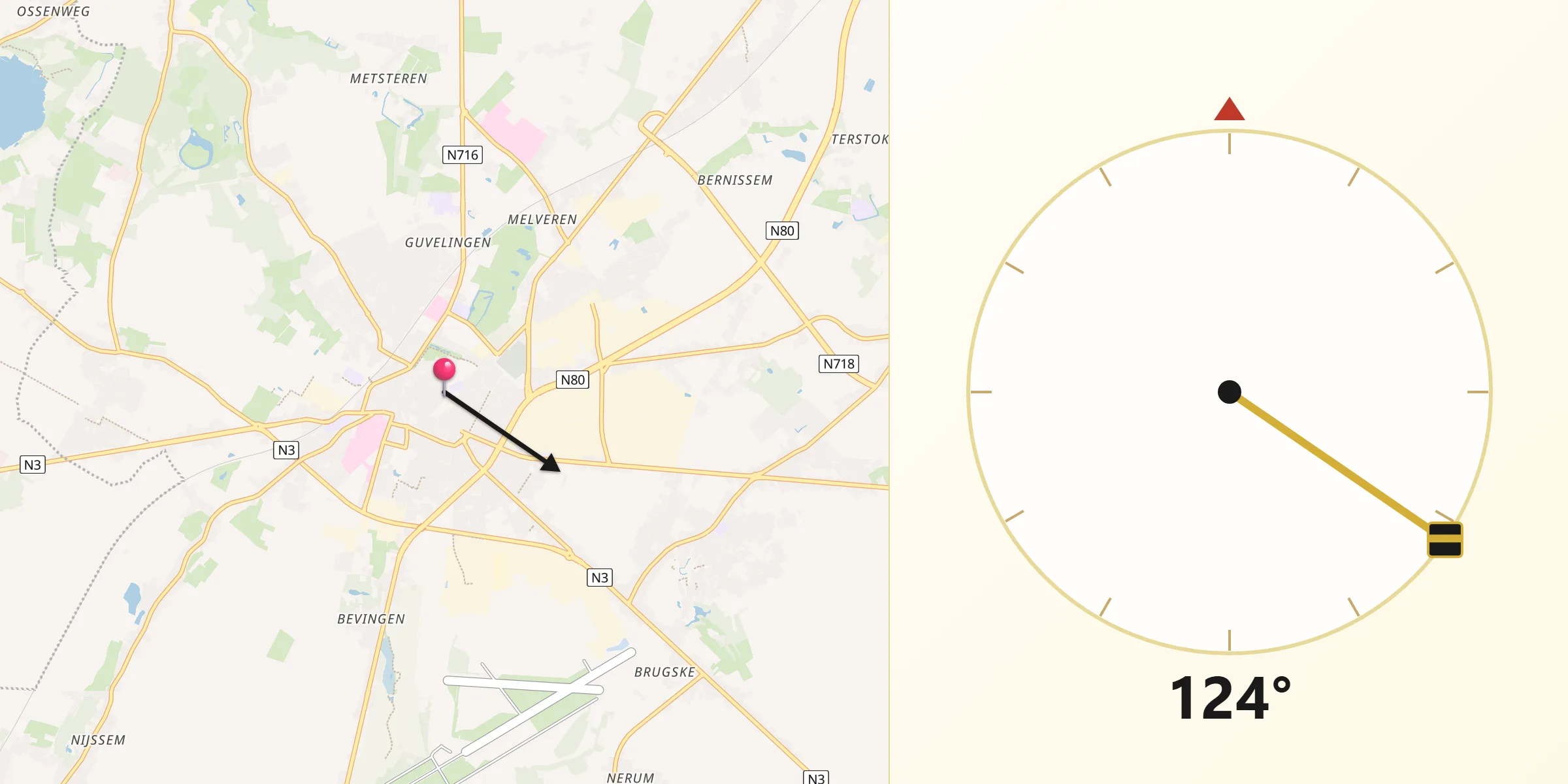 Qibla Richting vanaf Sint-Truiden