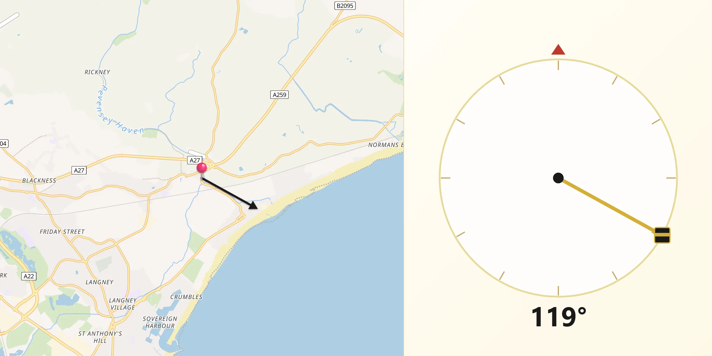Qibla Direction from Pevensey