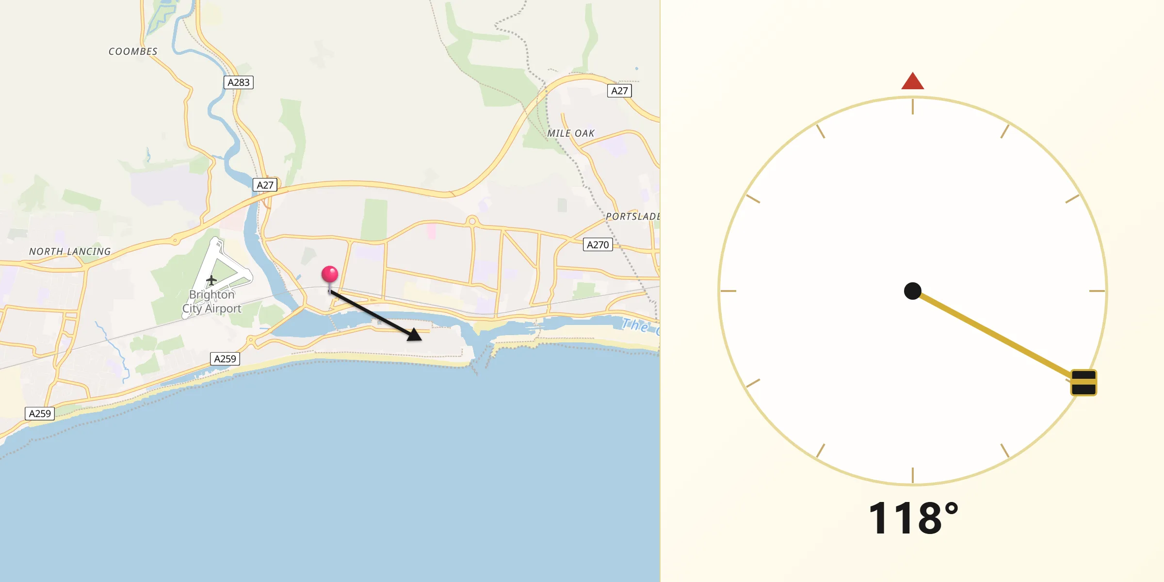 Qibla Direction from Shoreham-by-Sea