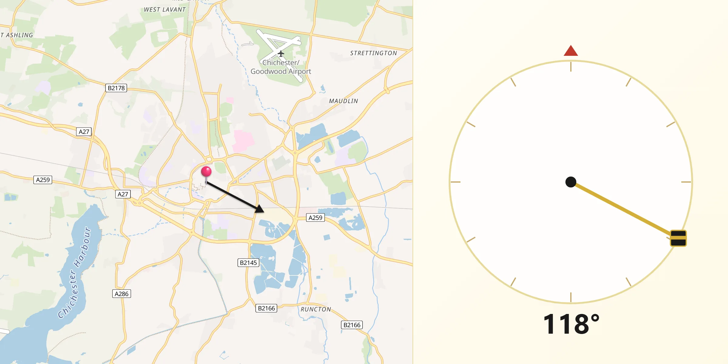 Qibla Direction from Chichester