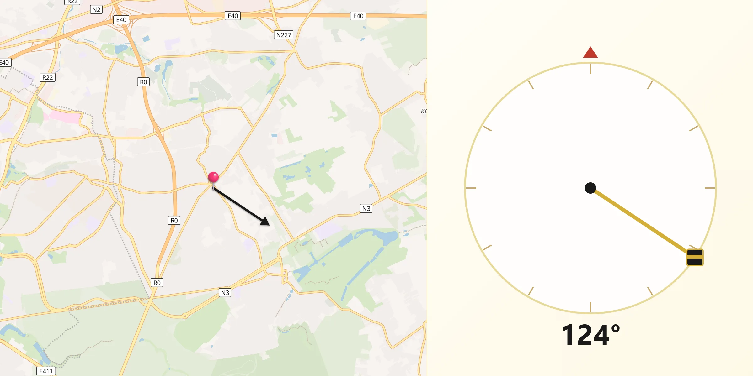 Direction vers la Qibla depuis Wezembeek-Oppem