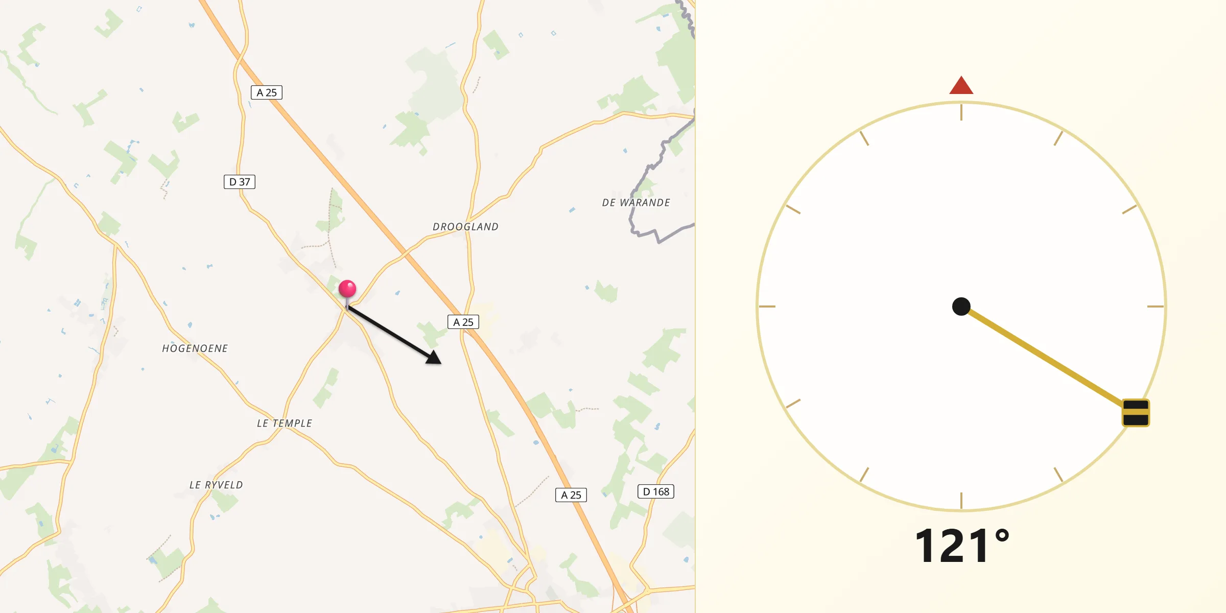 Direction vers la Qibla depuis Winnezeele