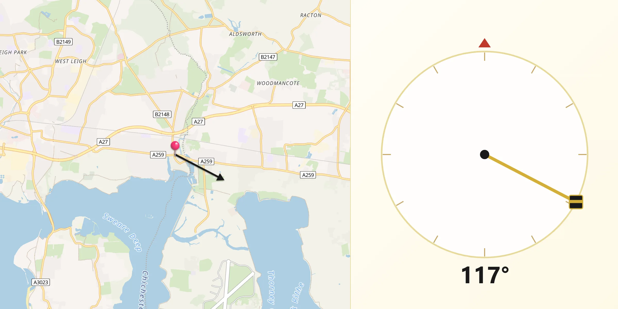 Qibla Direction from Emsworth