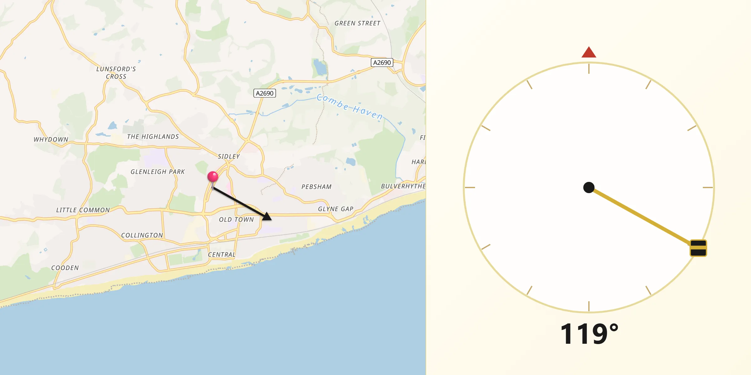Qibla Direction from Bexhill-on-Sea