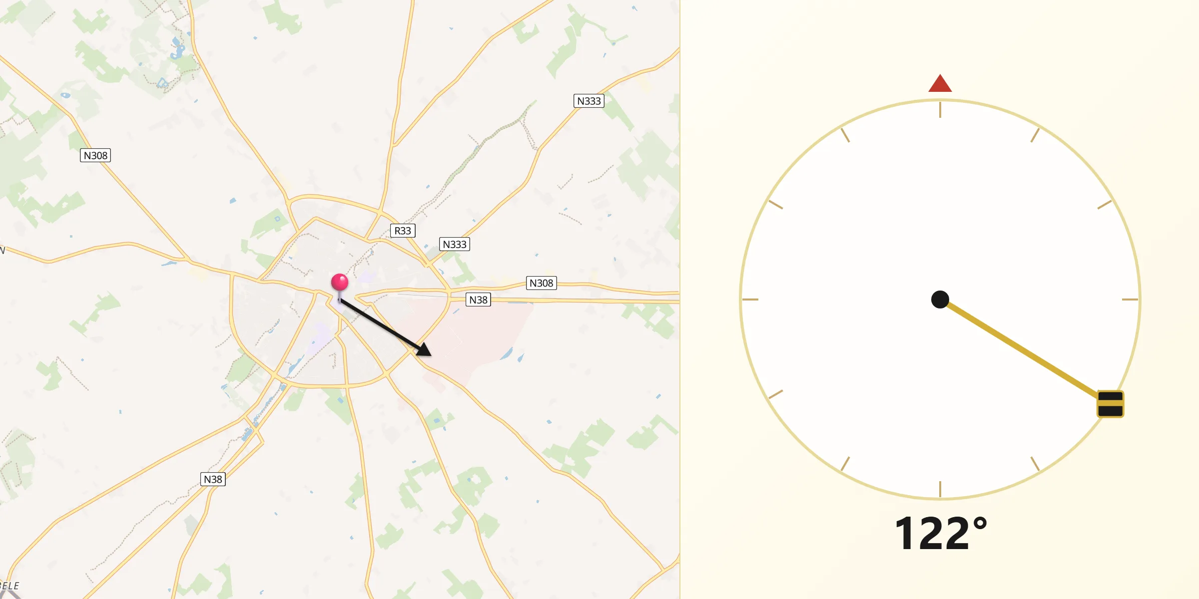 Direction vers la Qibla depuis Poperinge
