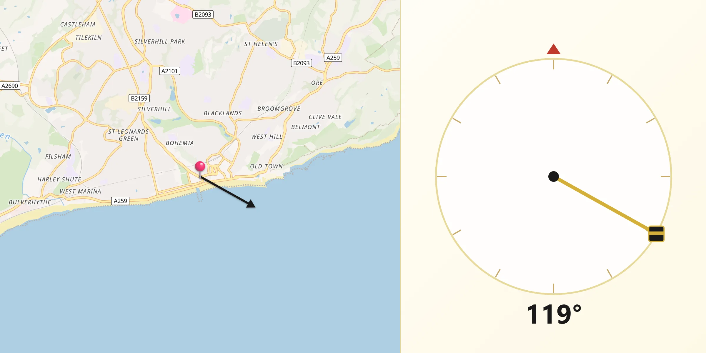 Direzione della Qibla da Hastings
