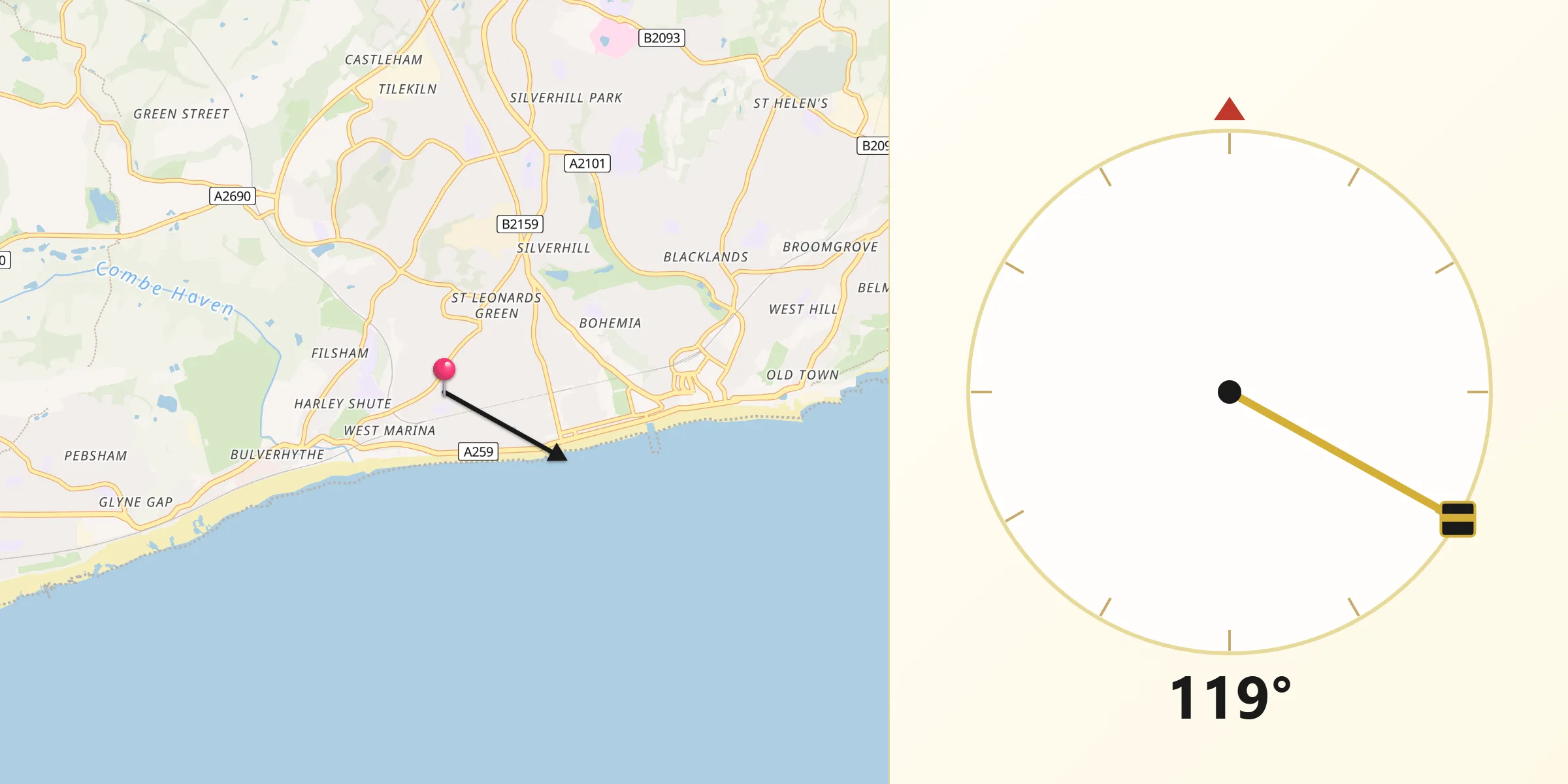 Qibla Direction from Saint Leonards-on-Sea