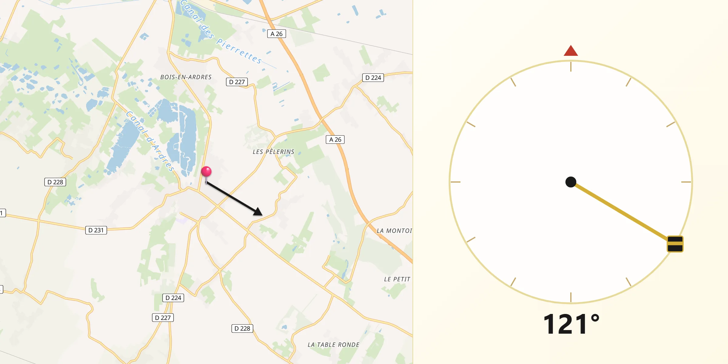 Direction vers la Qibla depuis Ardres