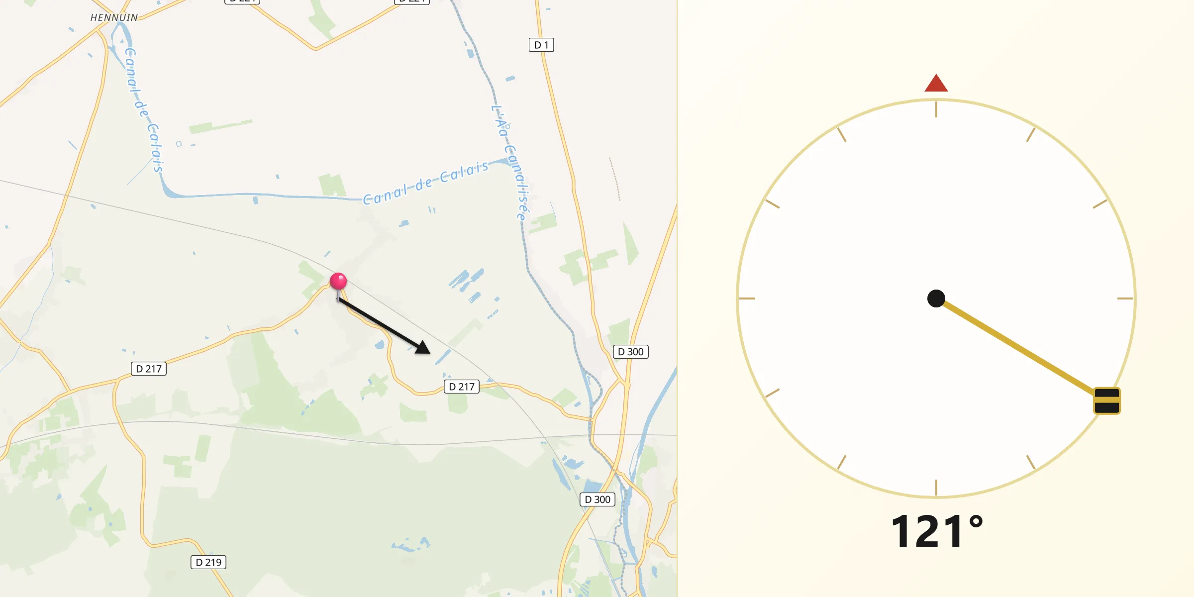 Direction vers la Qibla depuis Ruminghem
