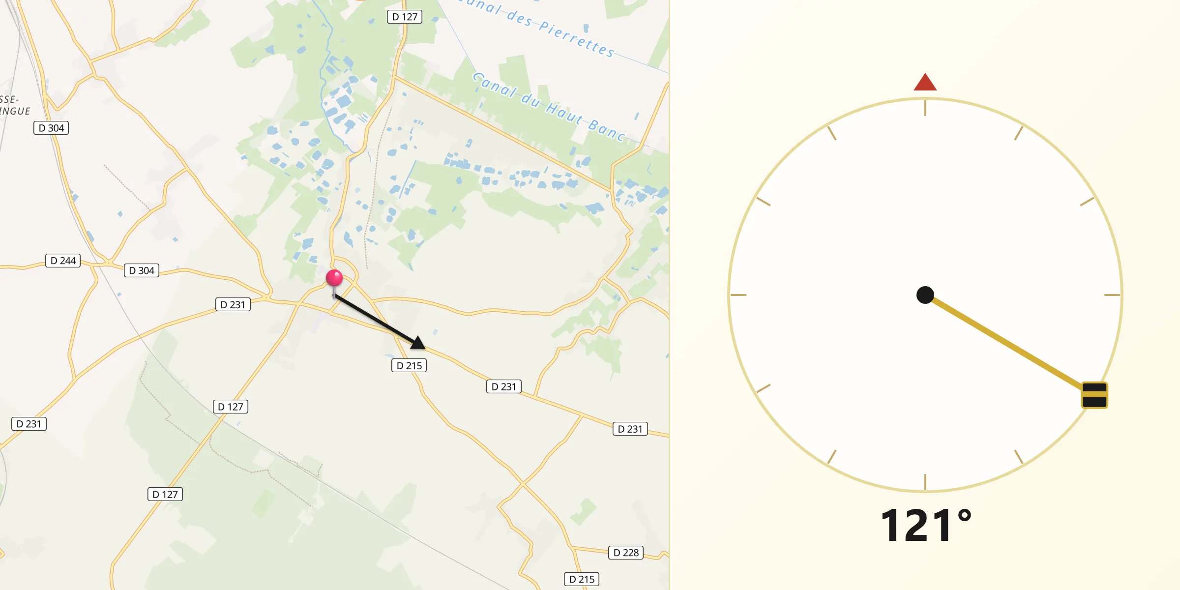 Direction vers la Qibla depuis Guînes