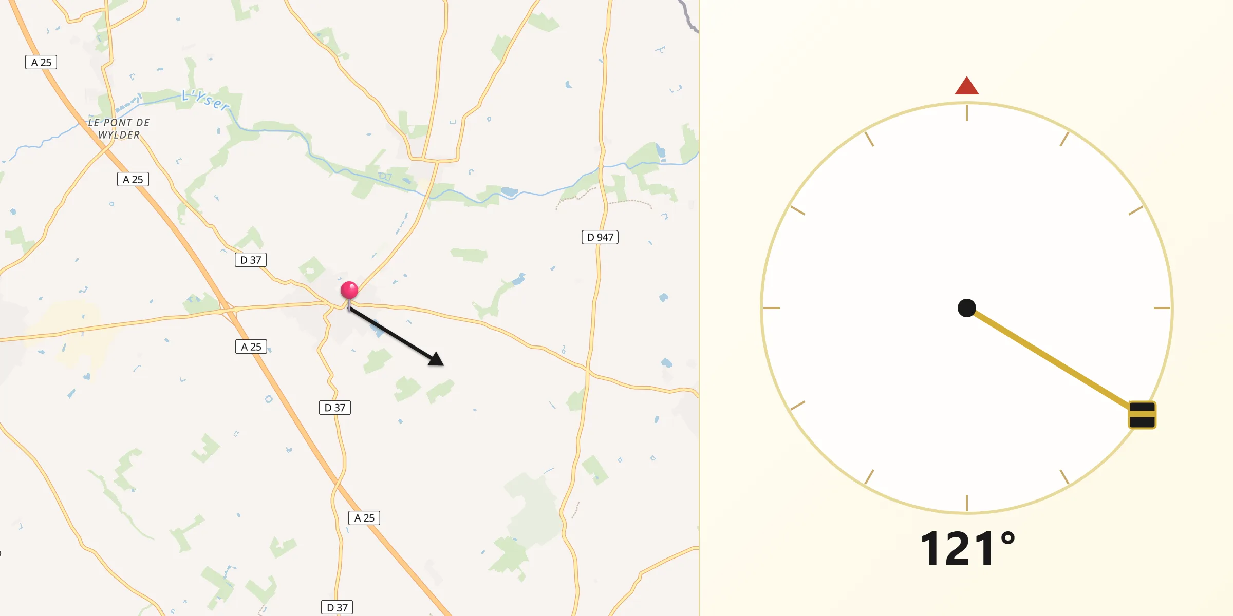 Direction vers la Qibla depuis Herzeele