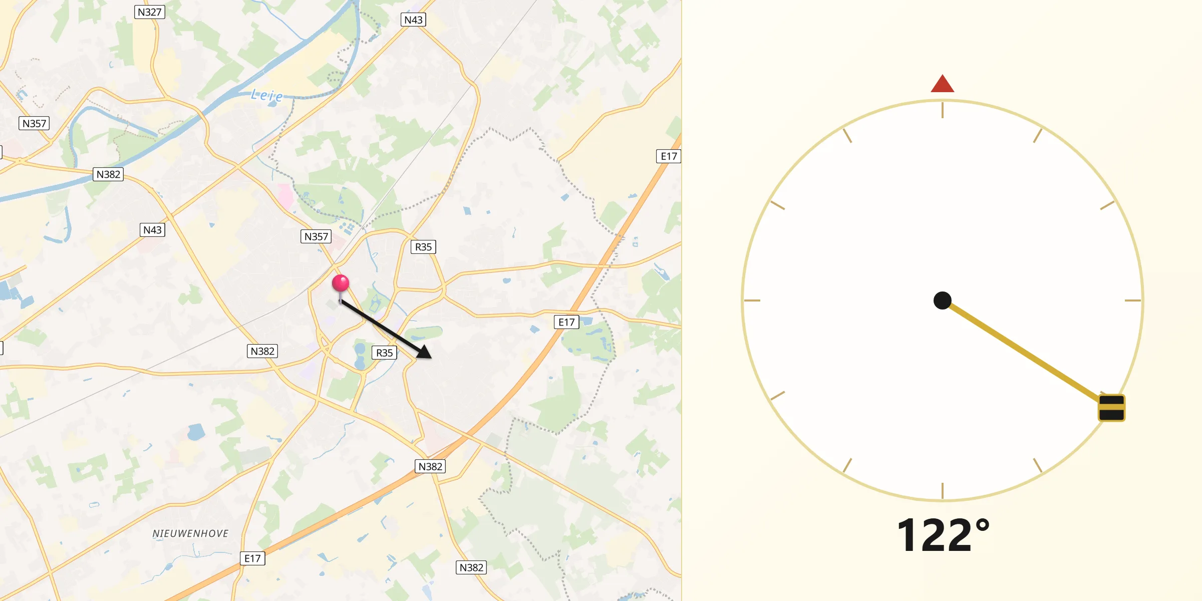 Direction vers la Qibla depuis Waregem
