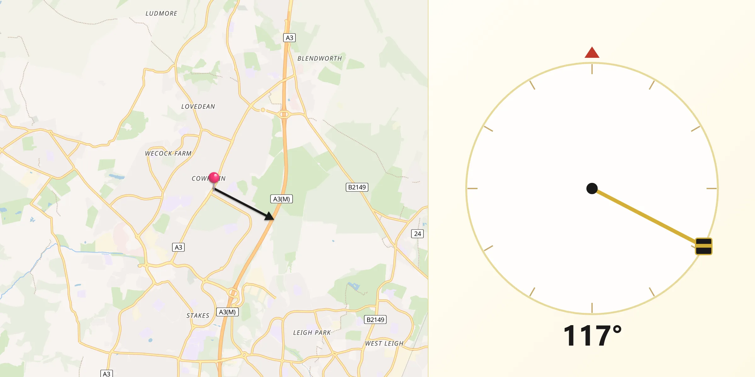 Qibla Direction from Cowplain