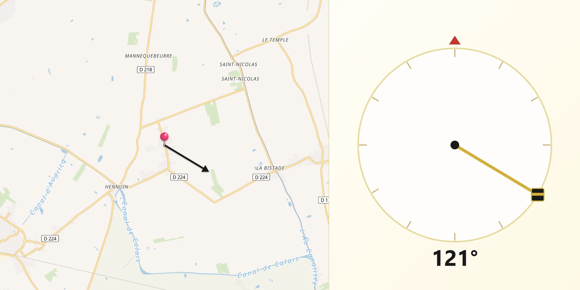 Direction vers la Qibla depuis Sainte-Marie-Kerque