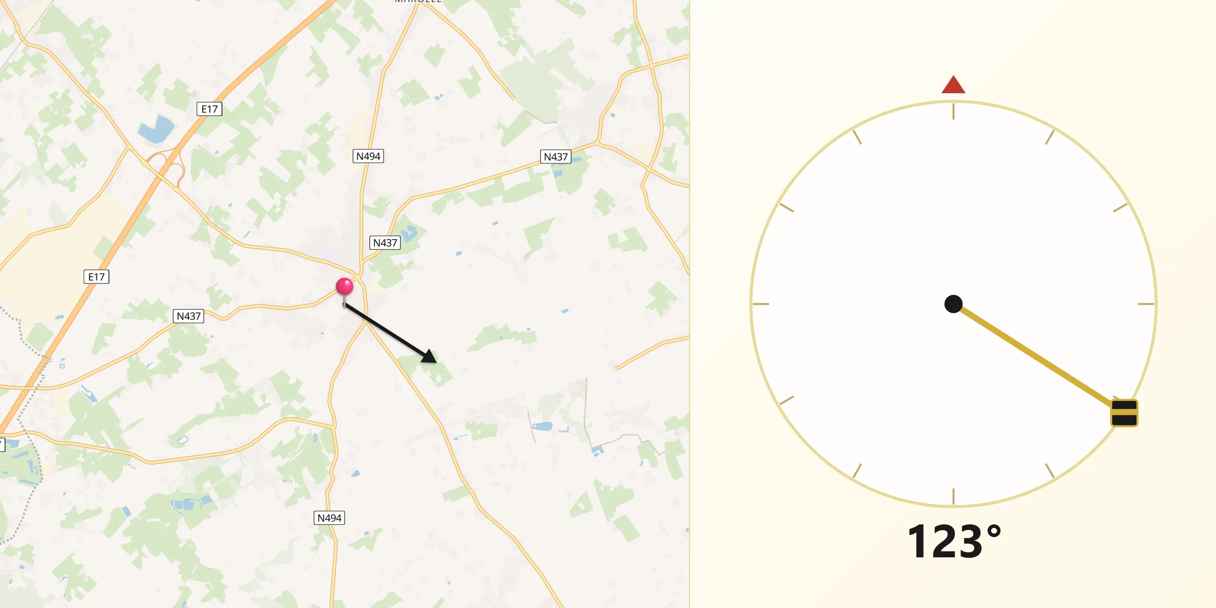 Direction vers la Qibla depuis Kruishoutem