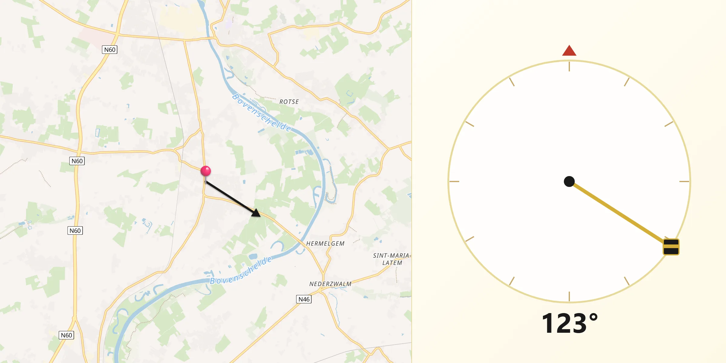 Direction vers la Qibla depuis Zingem