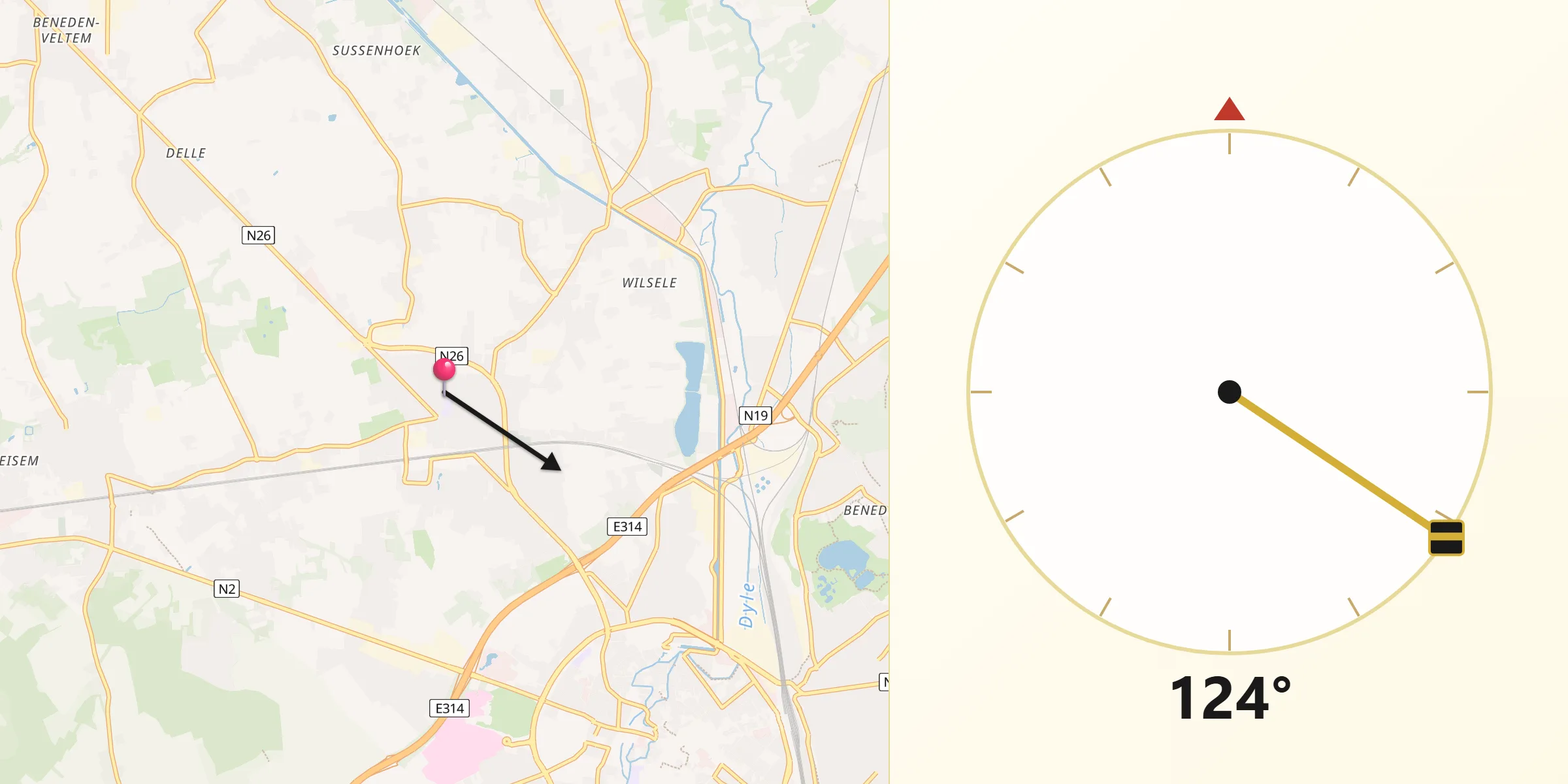 Direction vers la Qibla depuis Herent