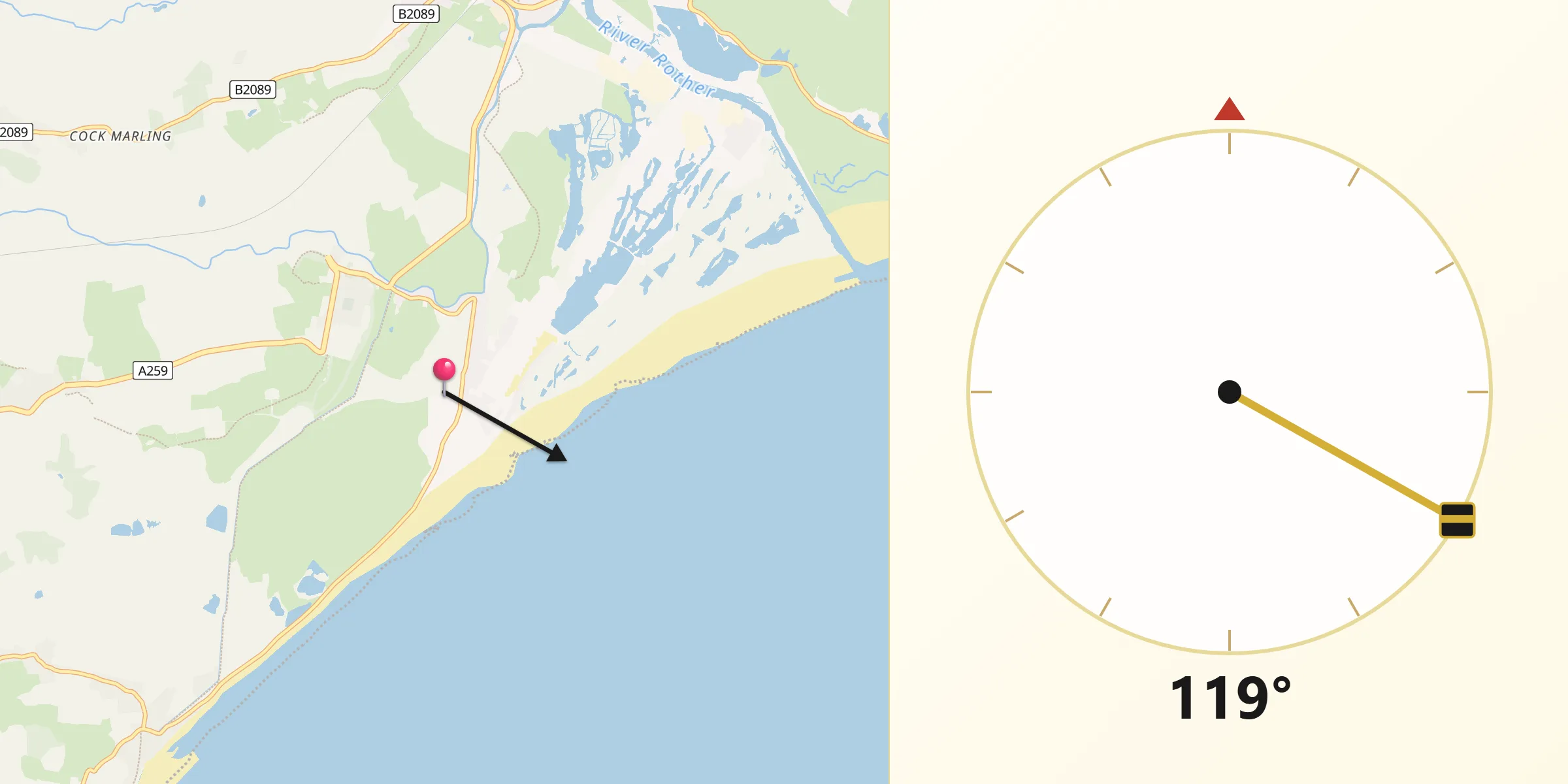 Qibla Direction from Winchelsea Beach