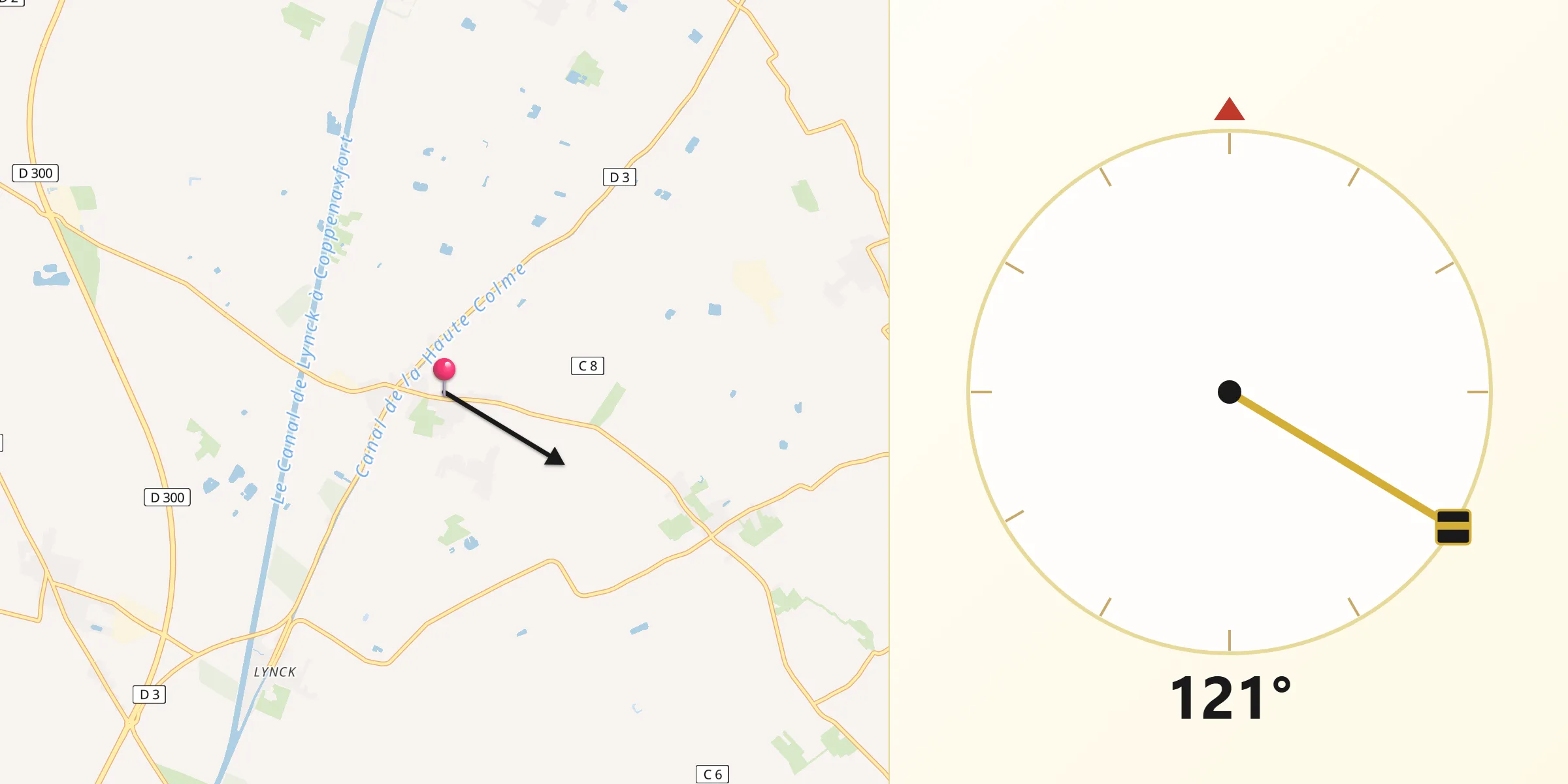 Direction vers la Qibla depuis Looberghe