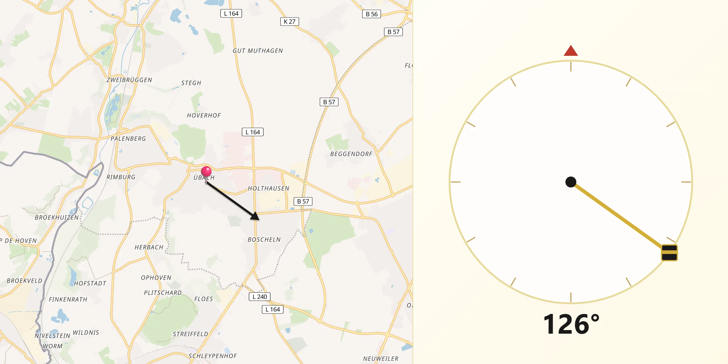 Qibla-Richtung von Übach-Palenberg