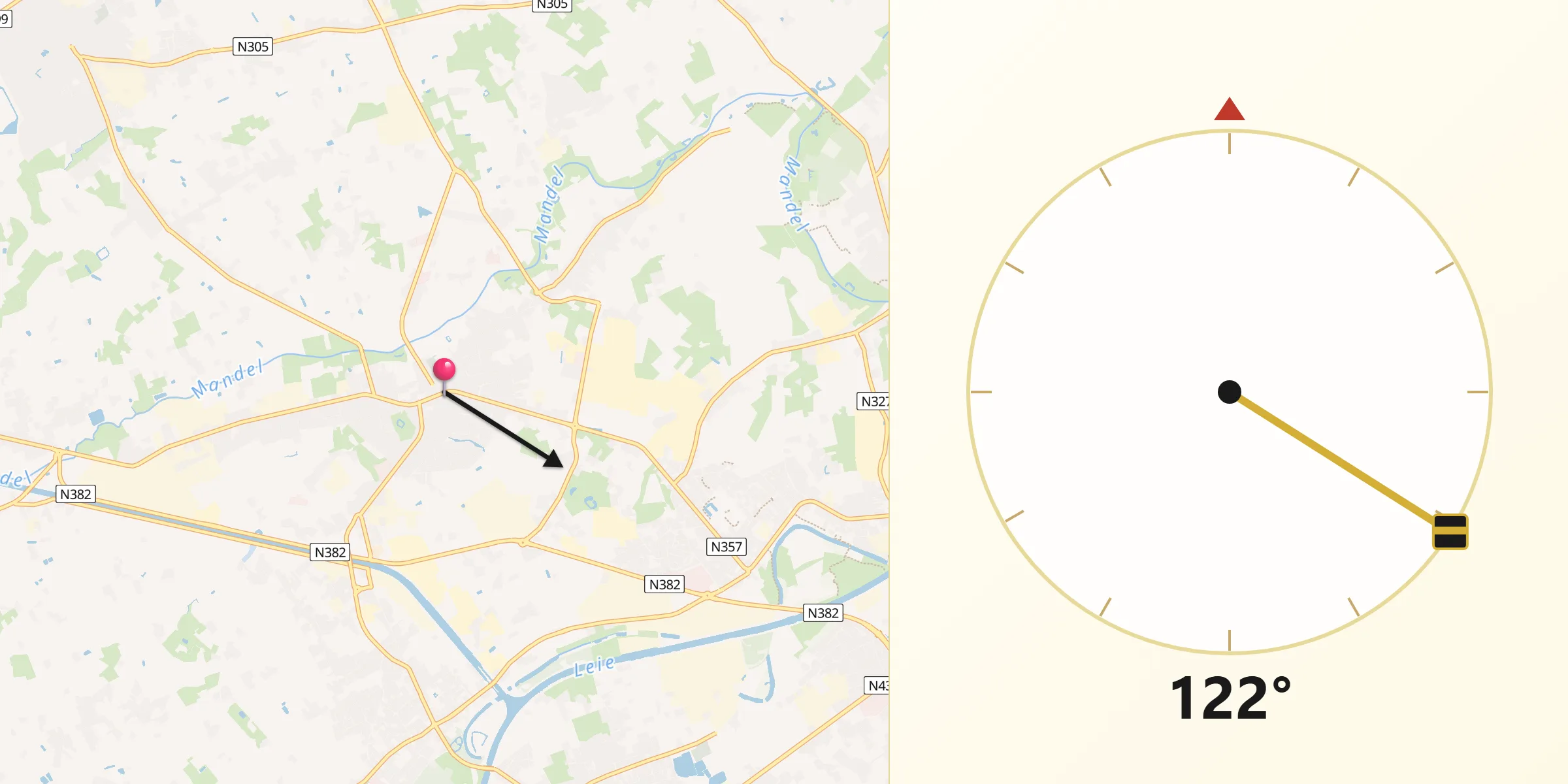 Direction vers la Qibla depuis Oostrozebeke