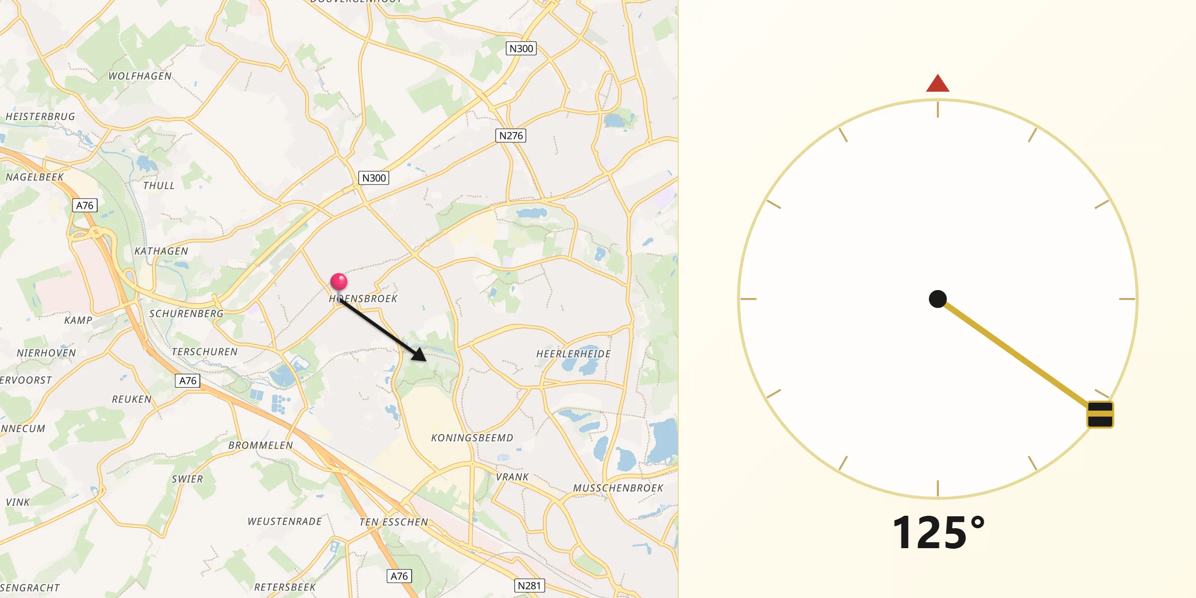 Qibla Richting vanaf Hoensbroek