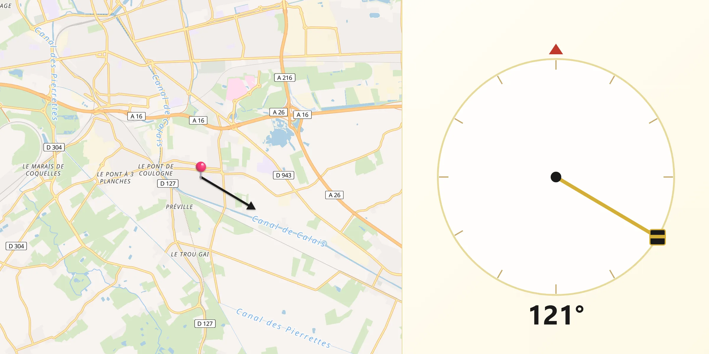 Direction vers la Qibla depuis Coulogne