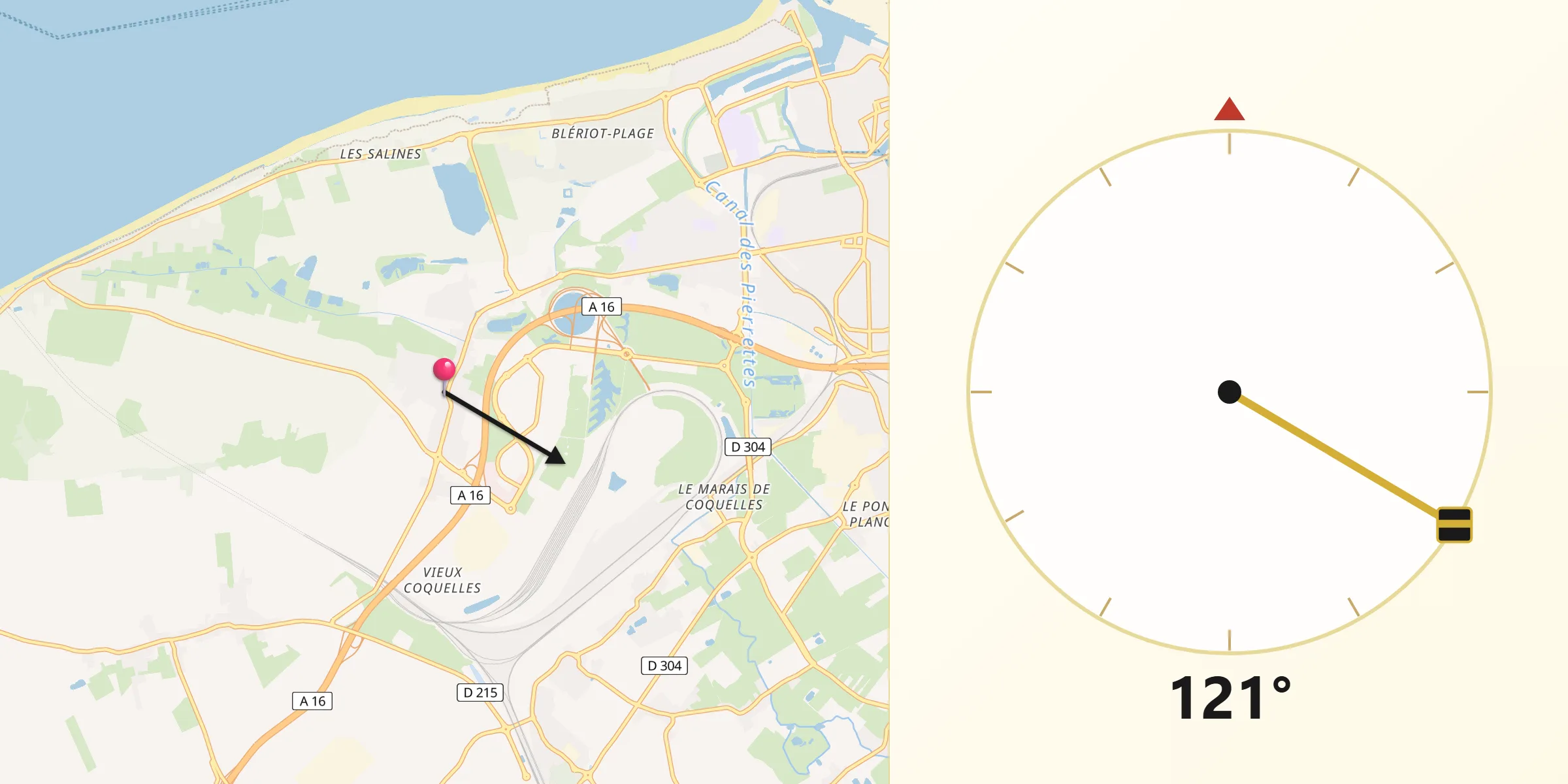 Direction vers la Qibla depuis Coquelles