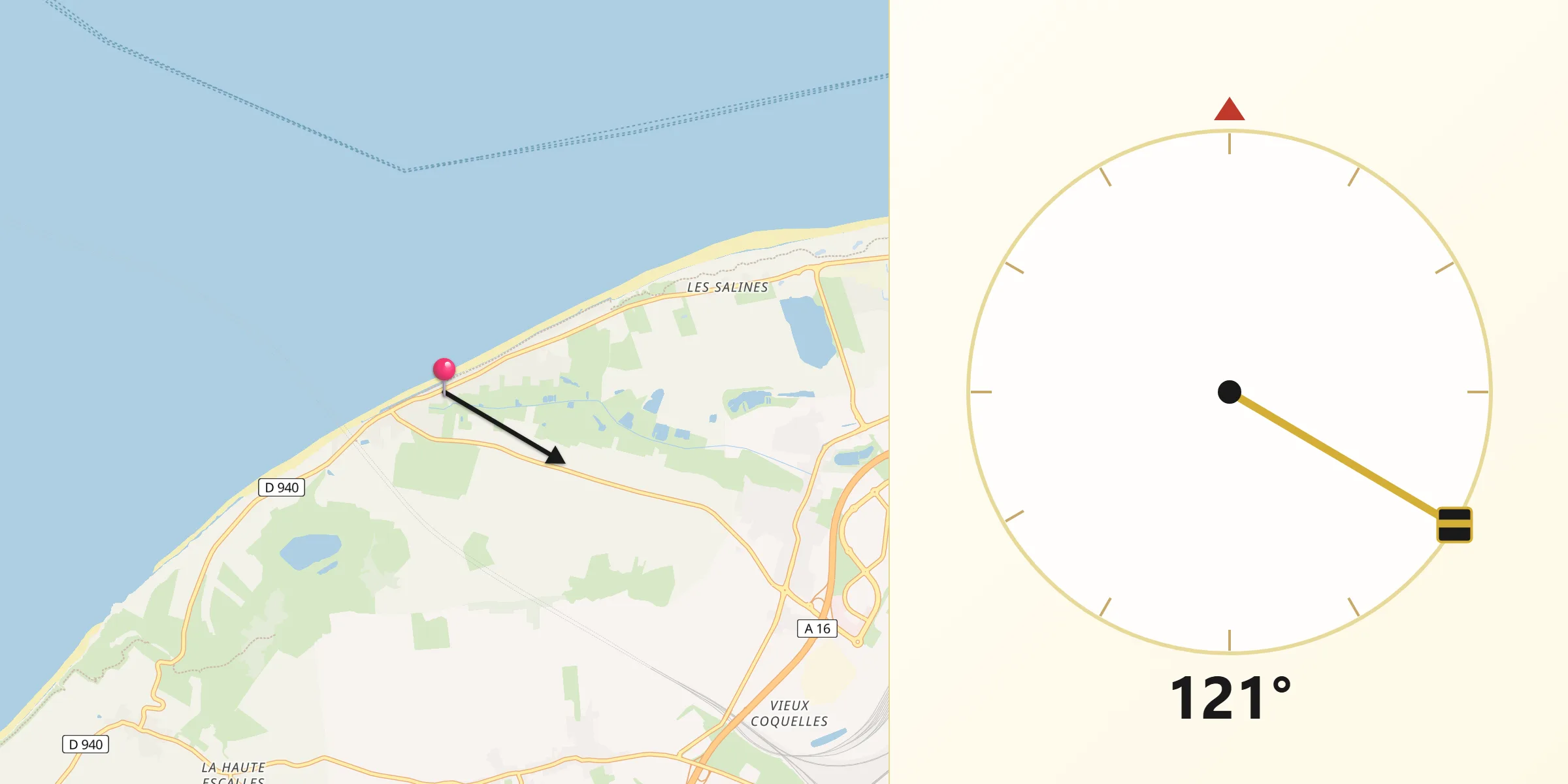 Direction vers la Qibla depuis Sangatte