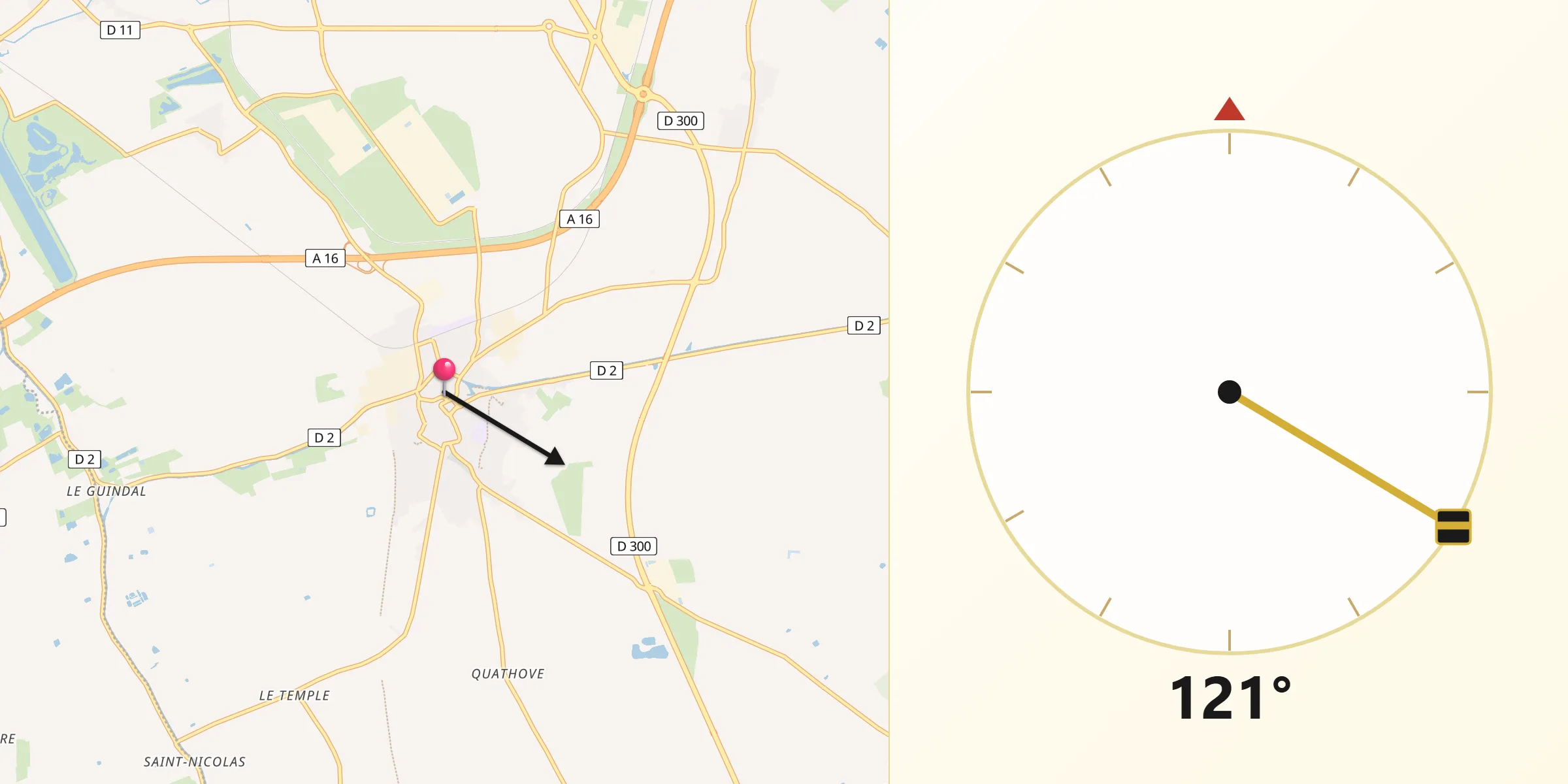 Direction vers la Qibla depuis Bourbourg