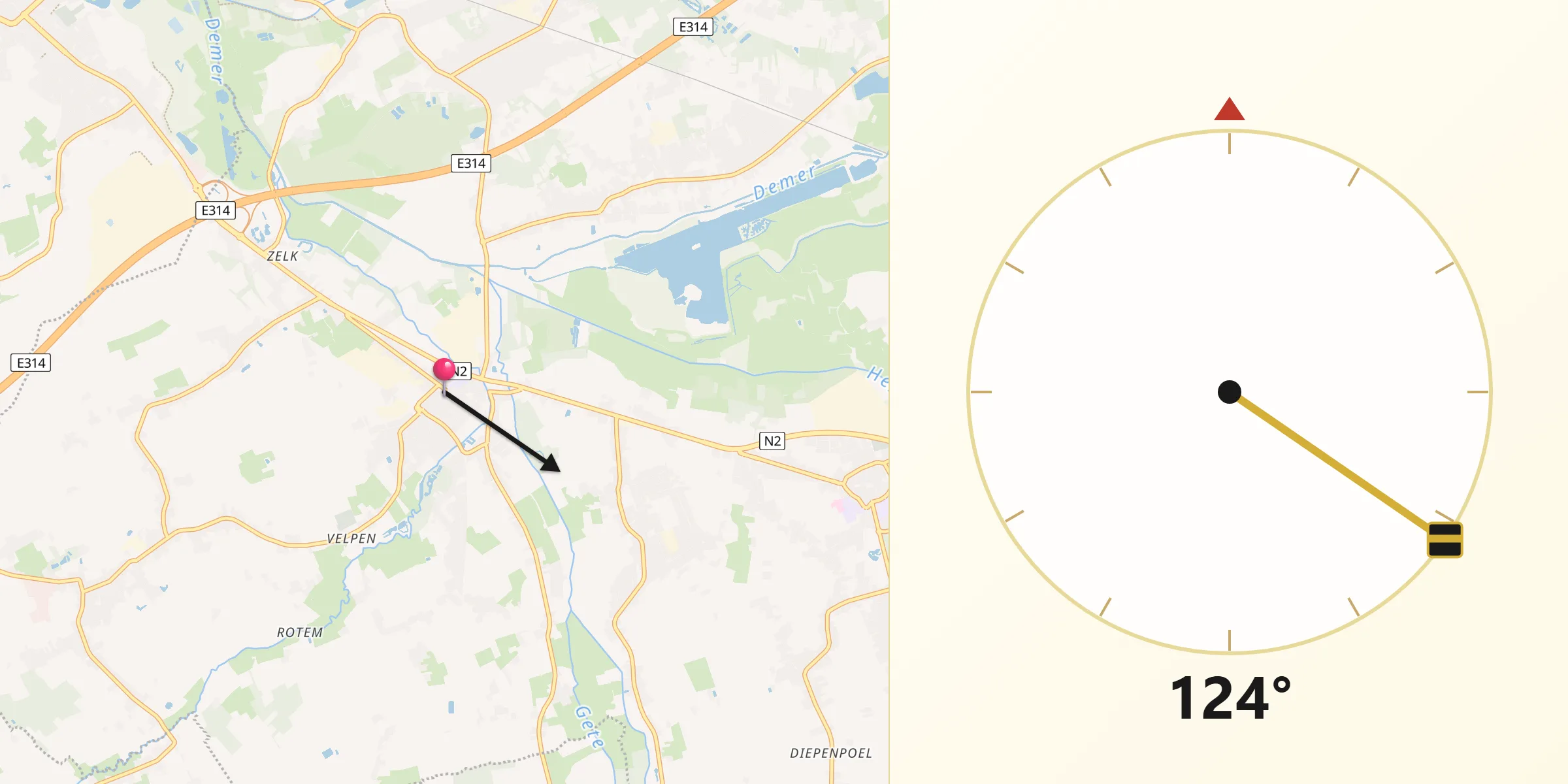 Direction vers la Qibla depuis Halen