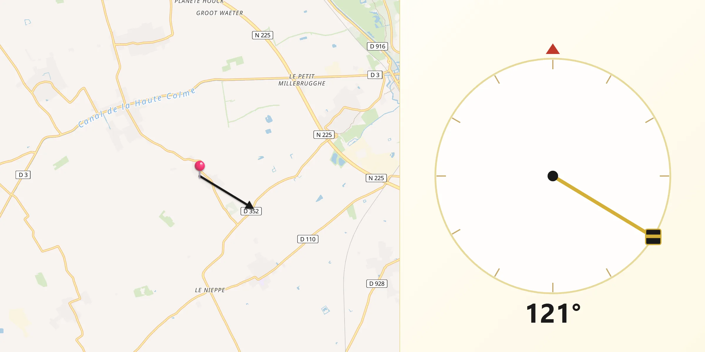 Direction vers la Qibla depuis Steene