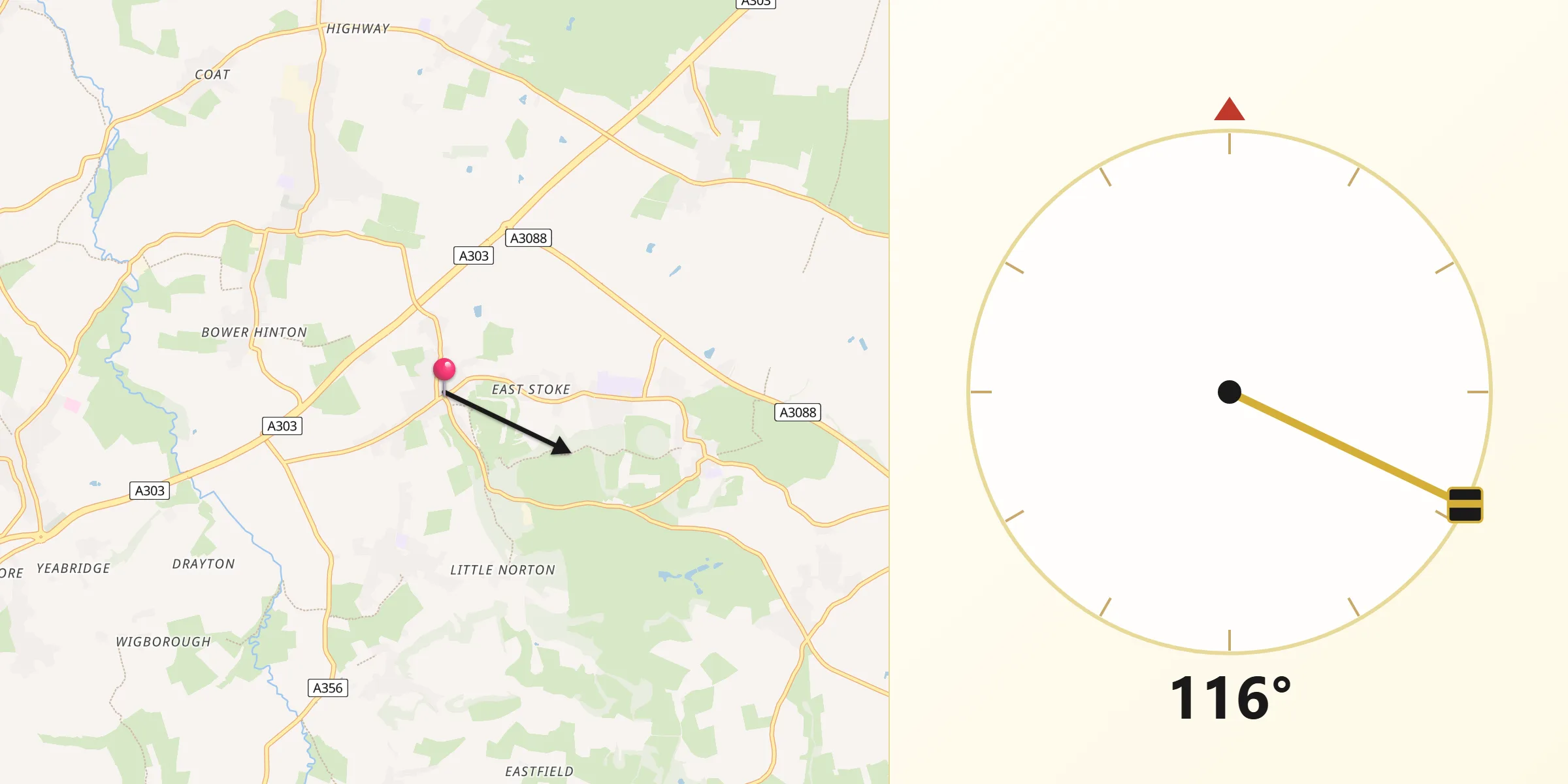 Qibla Direction from Stoke-sub-Hamdon
