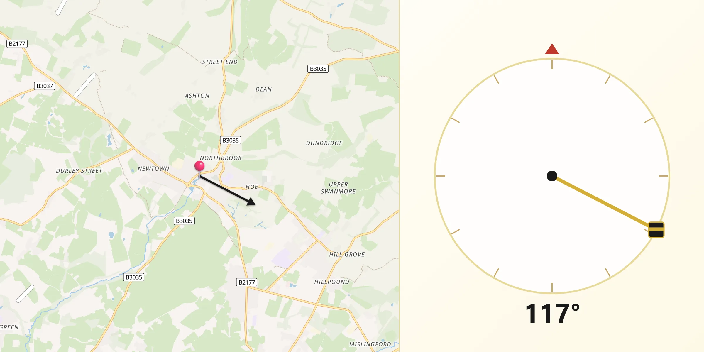 Qibla Direction from Bishops Waltham