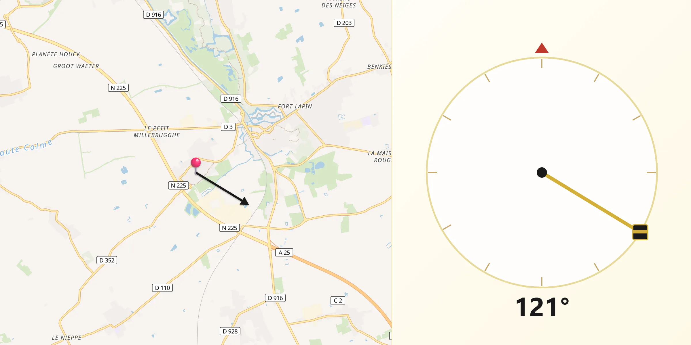 Direction vers la Qibla depuis Bierne