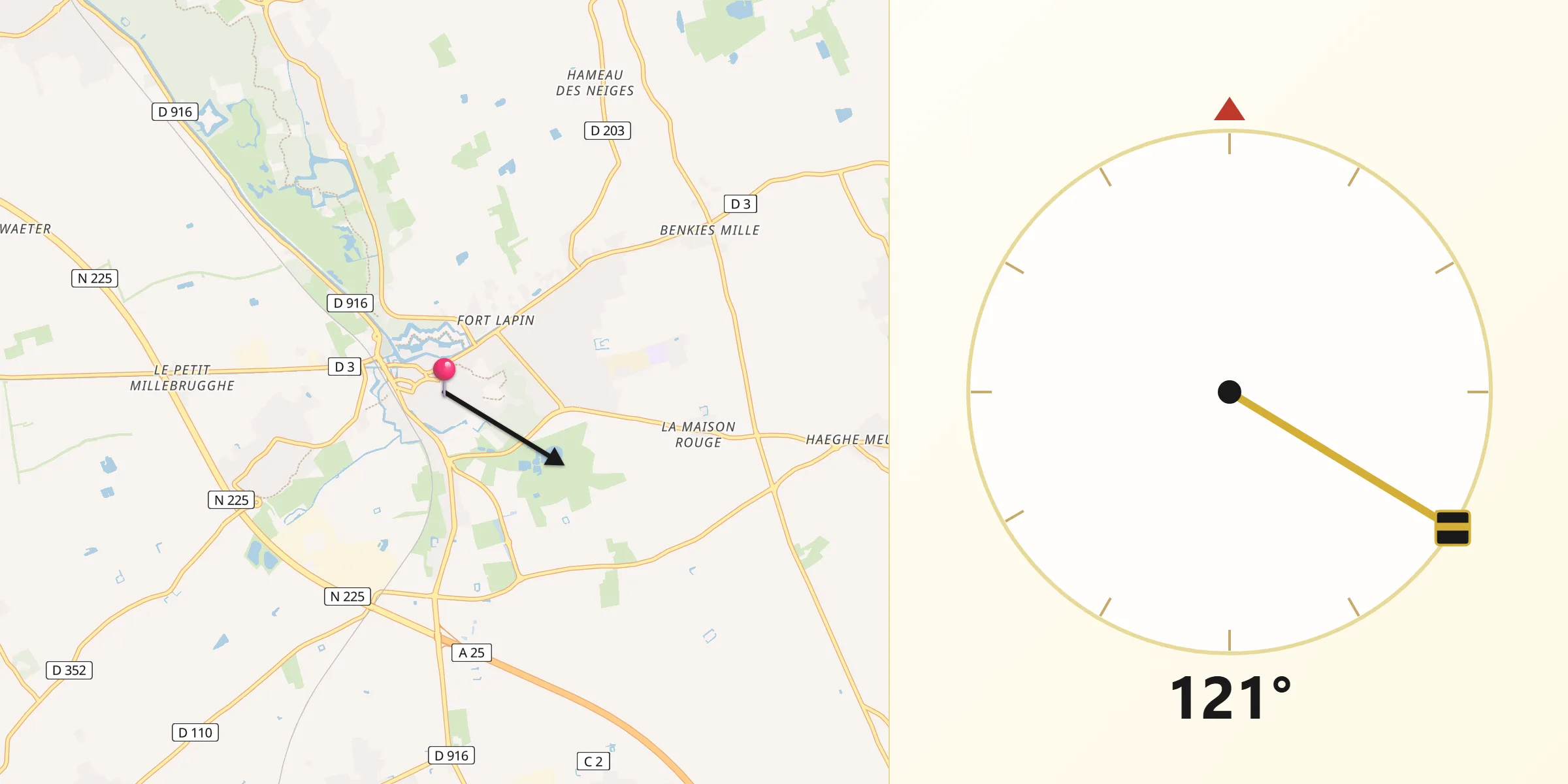 Direction vers la Qibla depuis Bergues
