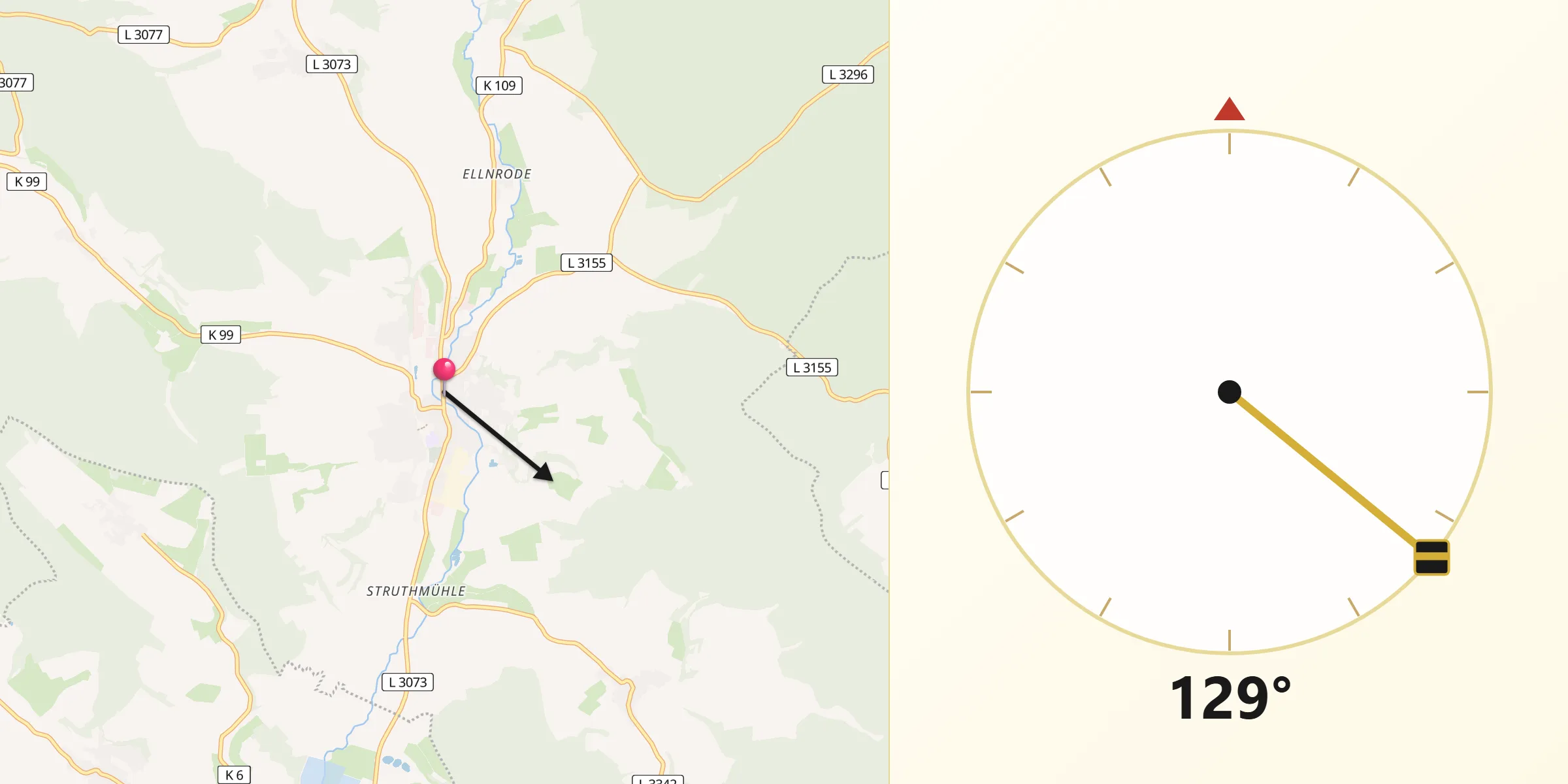 Qibla-Richtung von Gemünden an der Wohra