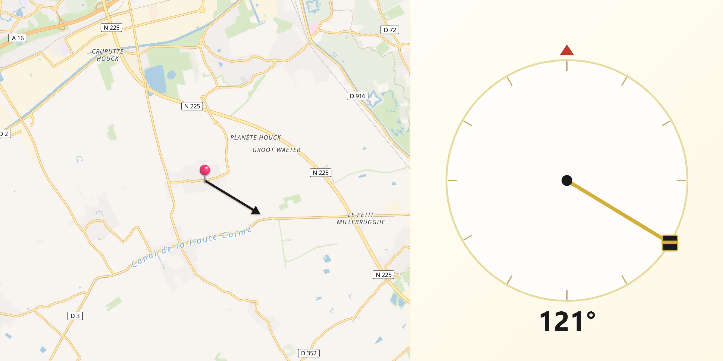Direction vers la Qibla depuis Armbouts-Cappel