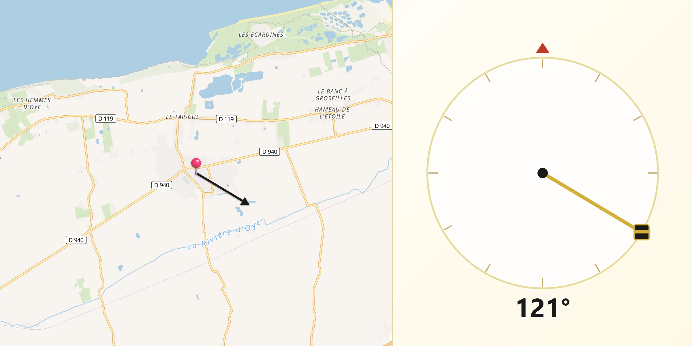 Direction vers la Qibla depuis Oye-Plage