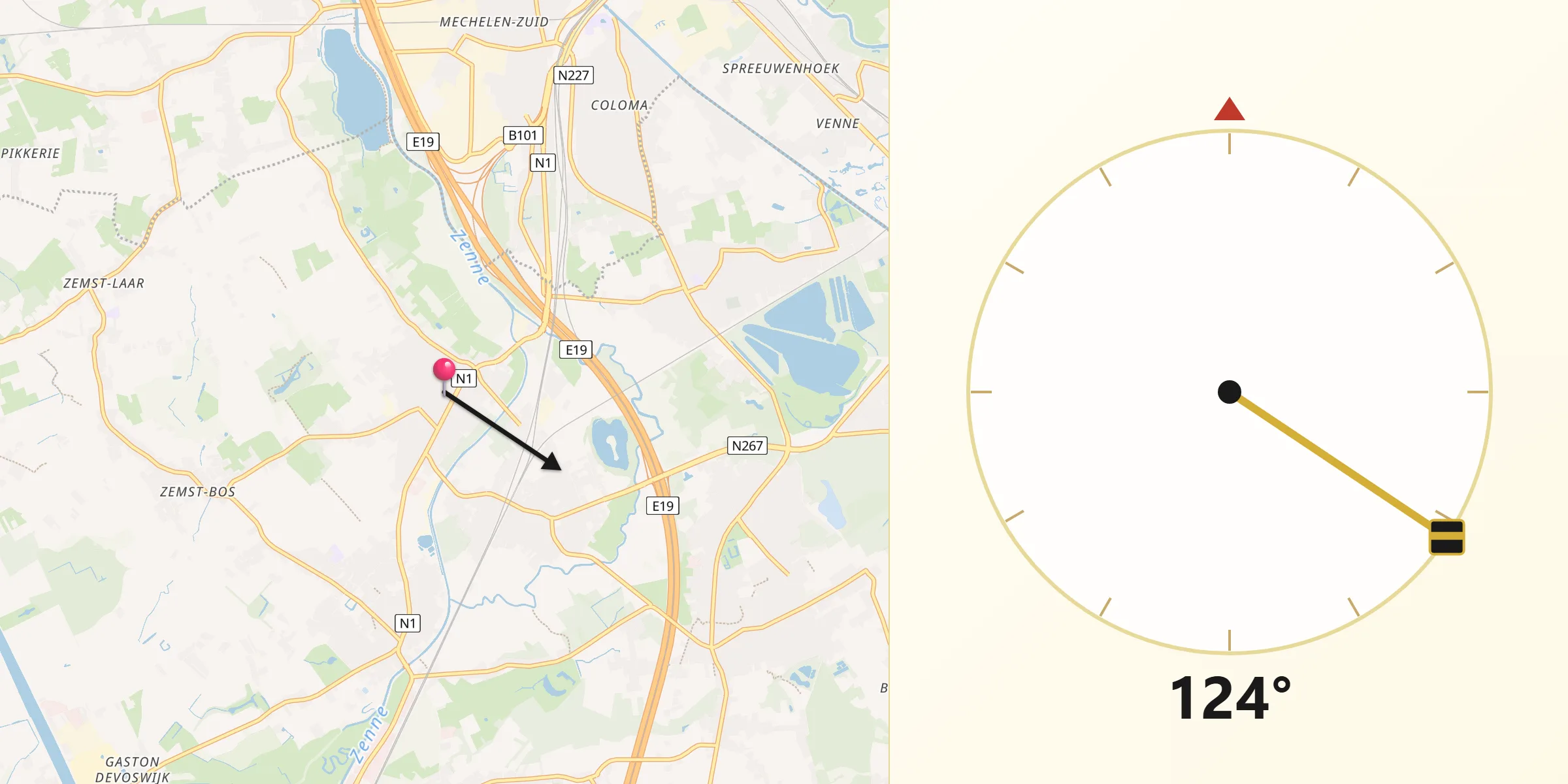 Direction vers la Qibla depuis Zemst