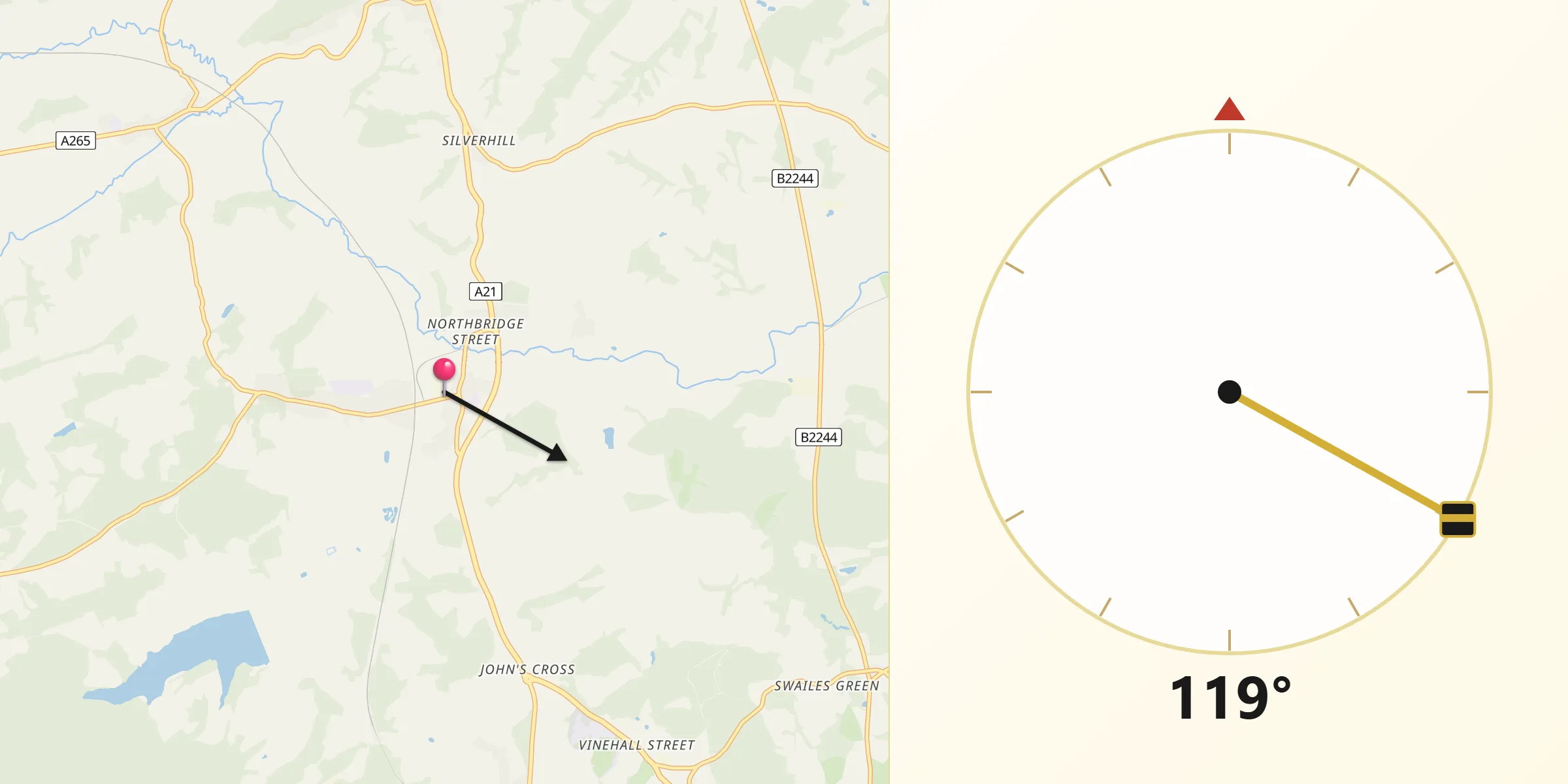 Qibla Direction from Robertsbridge