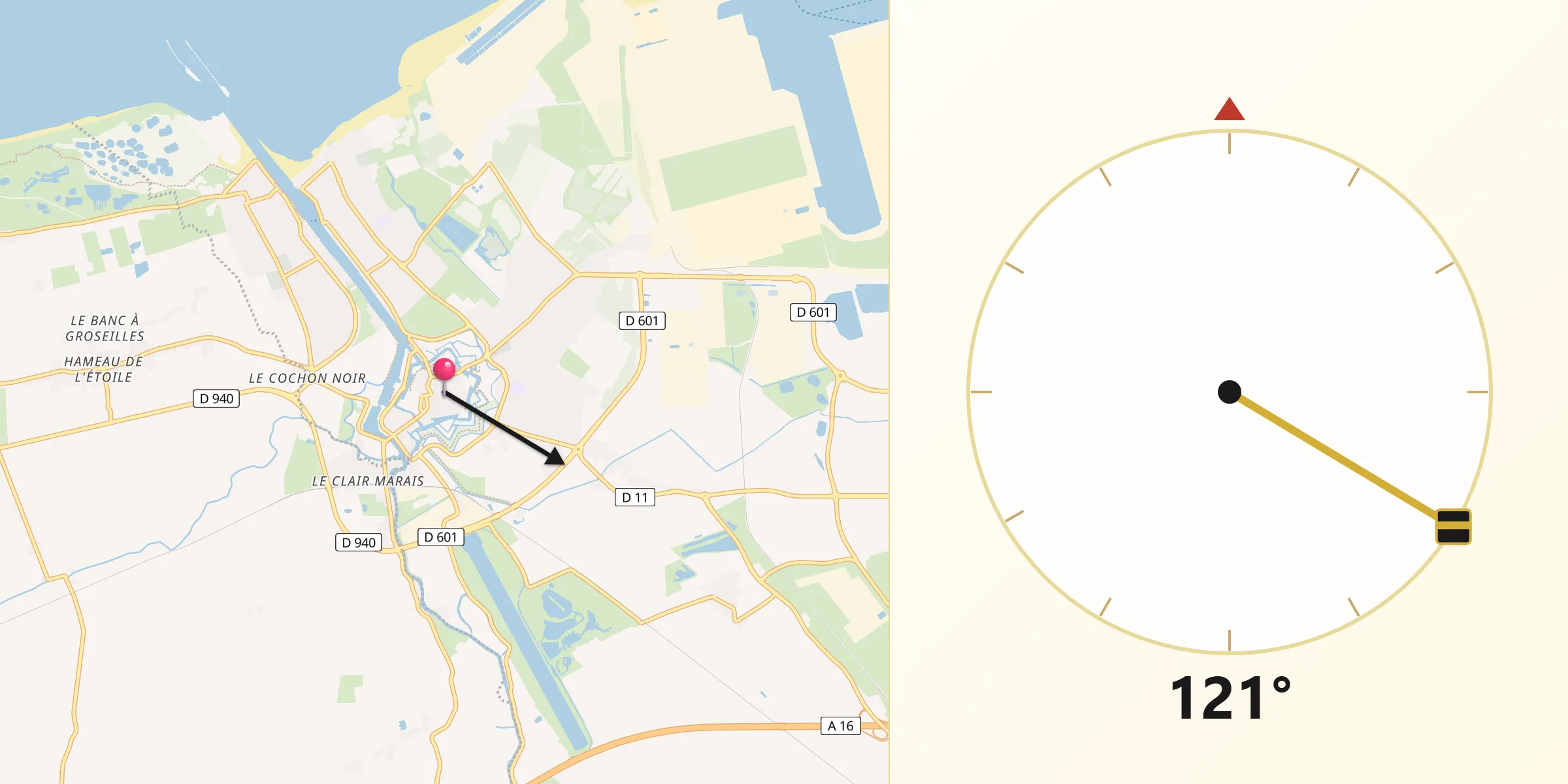 Direction vers la Qibla depuis Gravelines