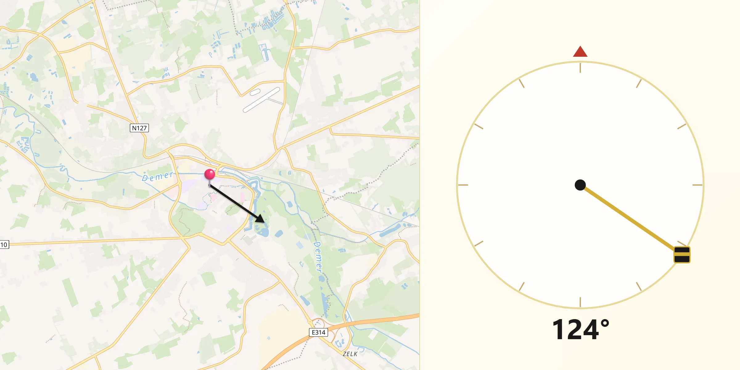 Direction vers la Qibla depuis Diest