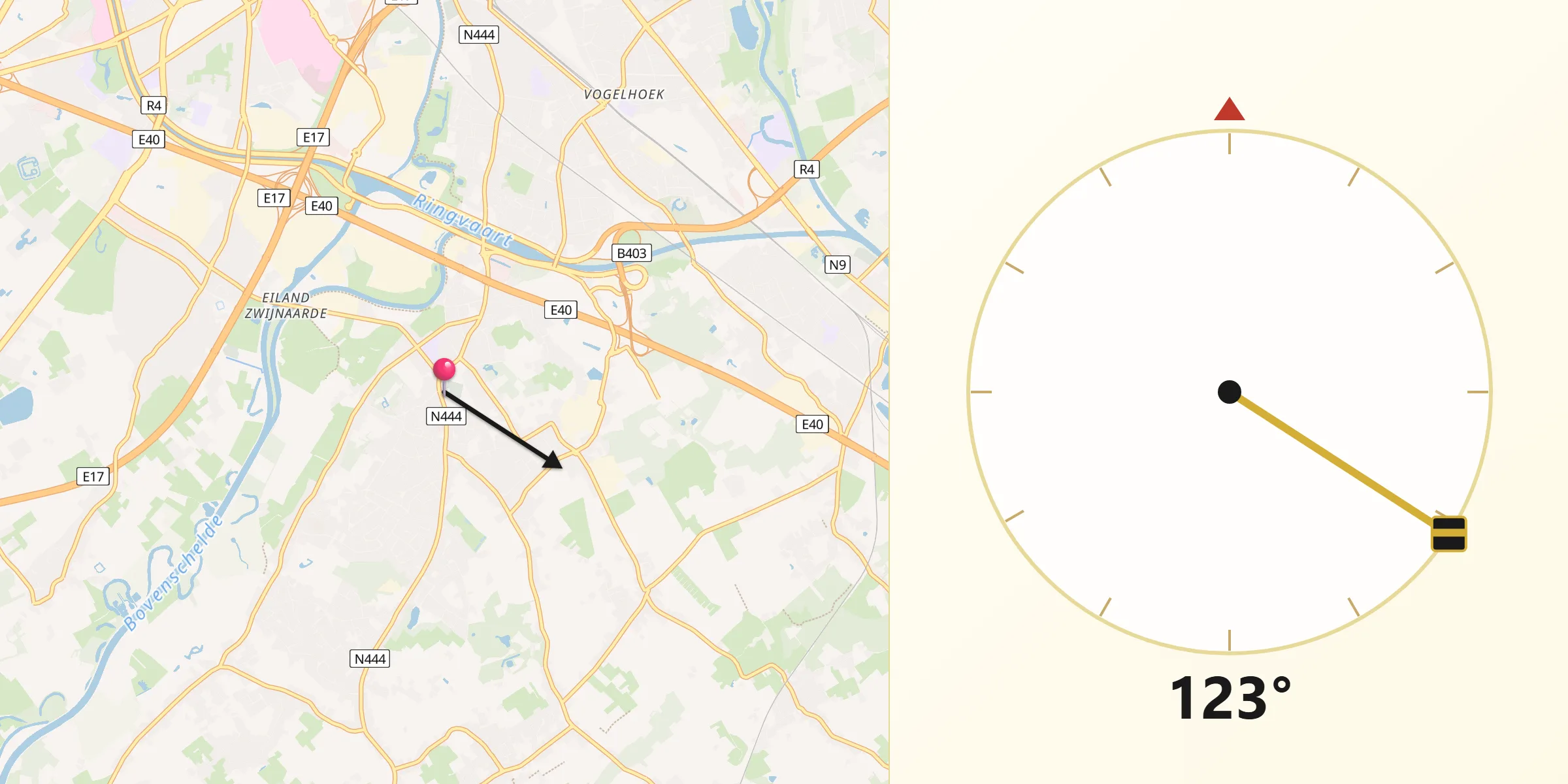 Direction vers la Qibla depuis Merelbeke
