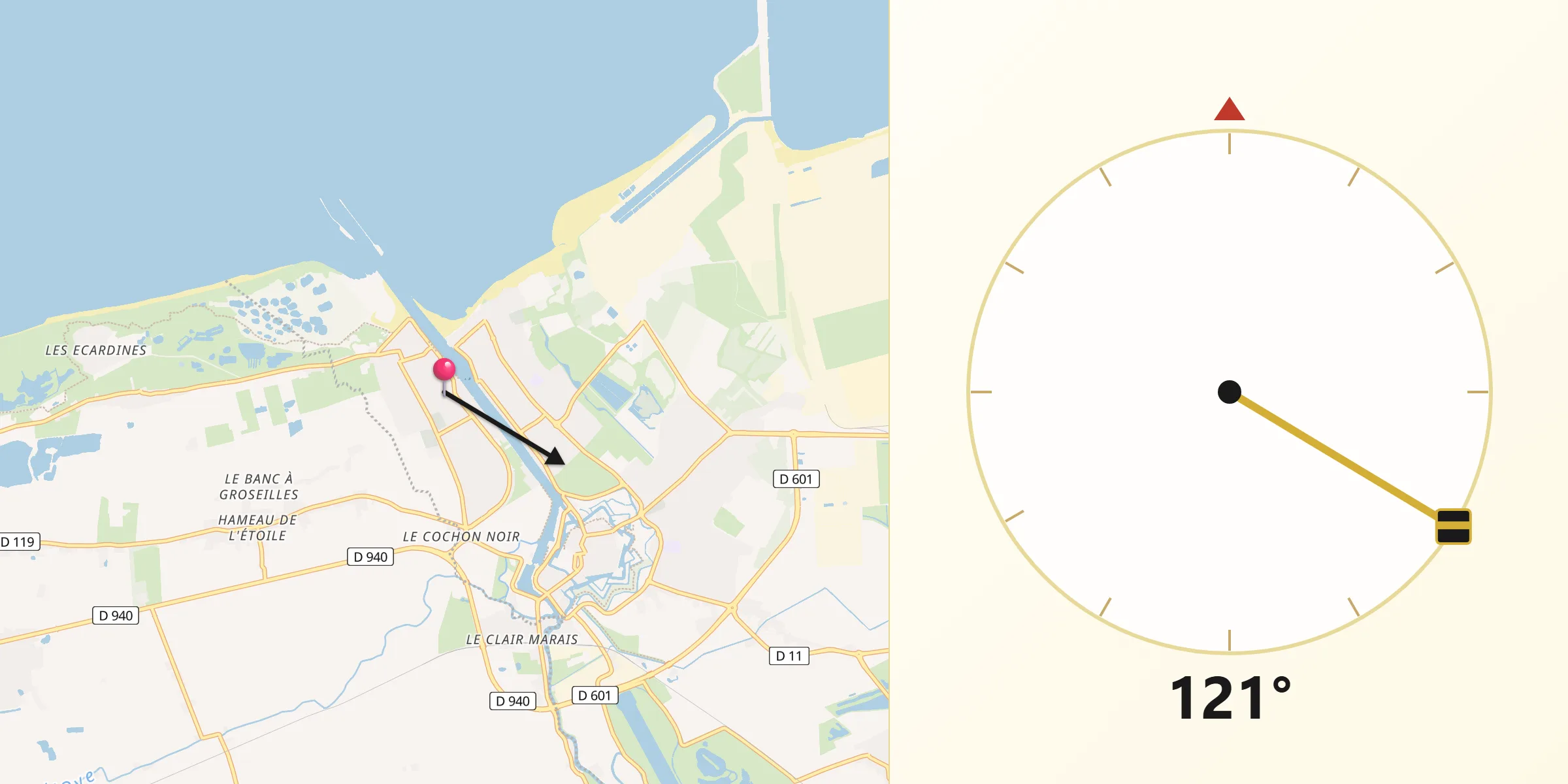 Direction vers la Qibla depuis Grand-Fort-Philippe