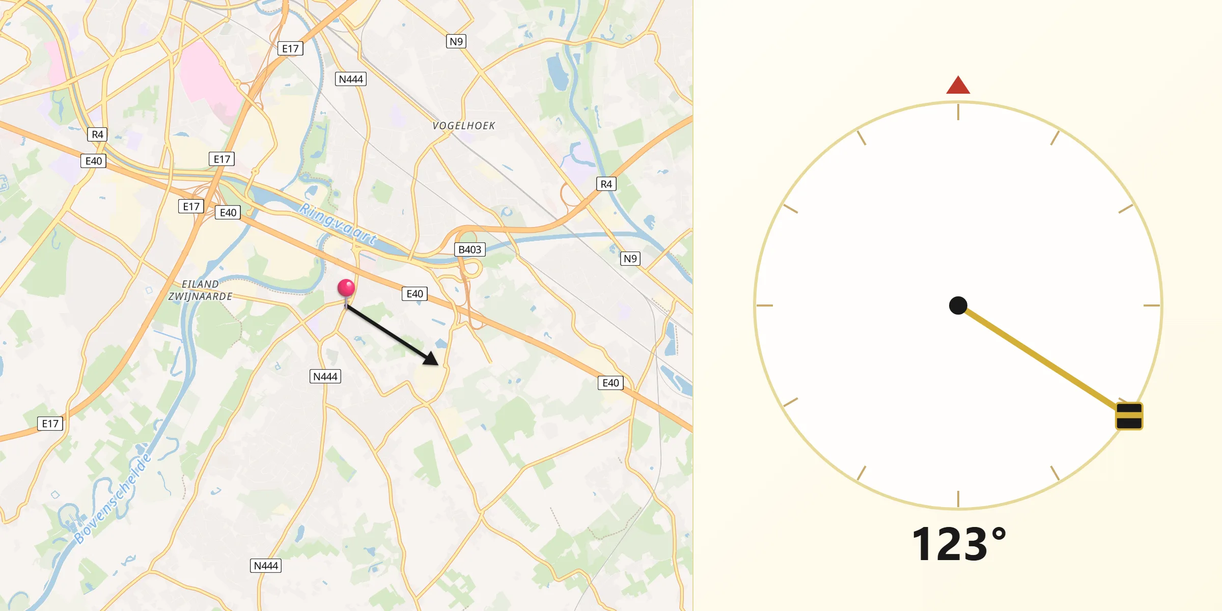 Direction vers la Qibla depuis Provincie Oost-Vlaanderen