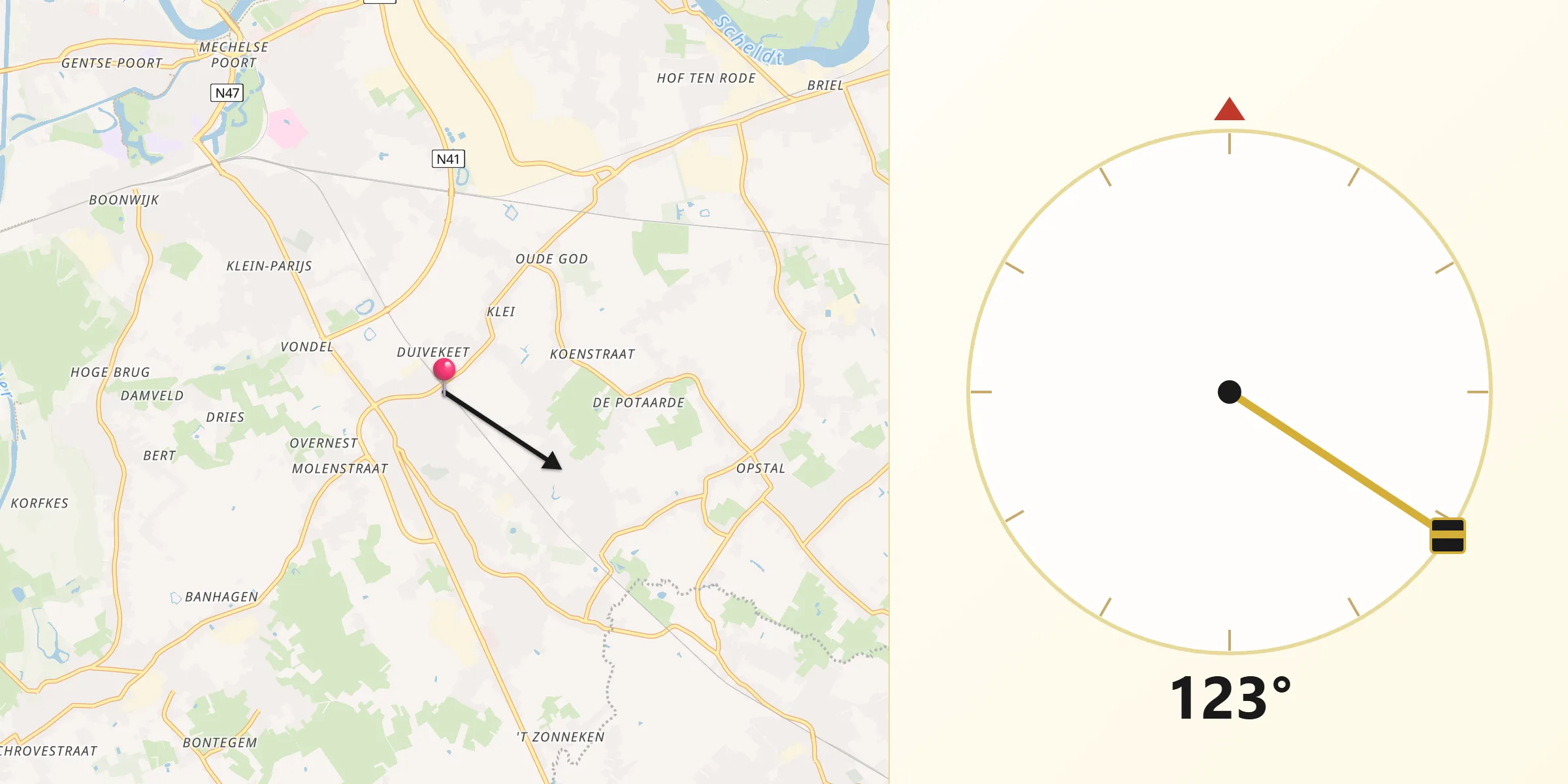 Direction vers la Qibla depuis Lebbeke