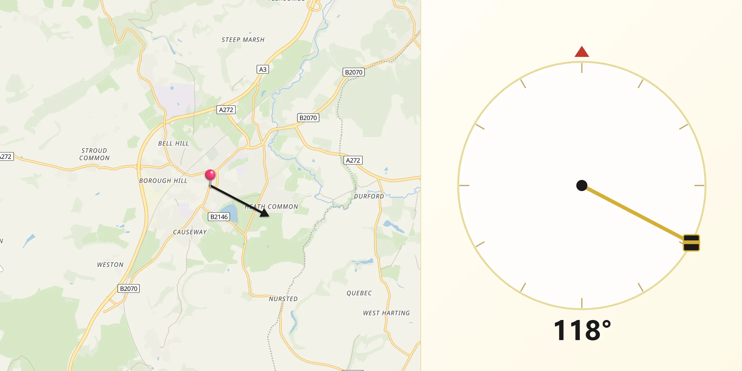 Qibla Direction from Petersfield